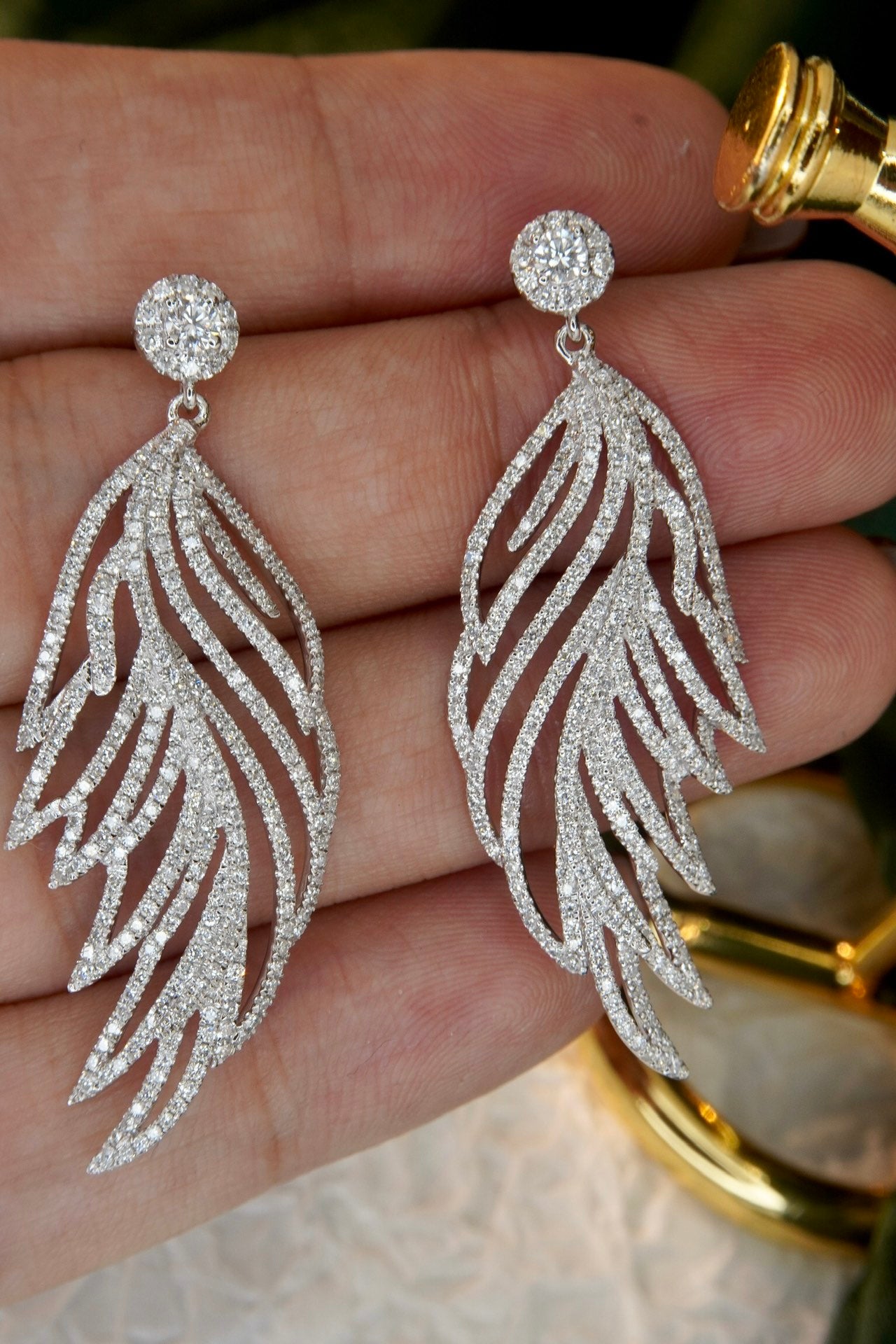 Luxury Natural Diamond Drop Earring, Unique Feather Design, 18K Gold Daily Earrings, Bridal Earring, Anniversary Earring, Gift for Her