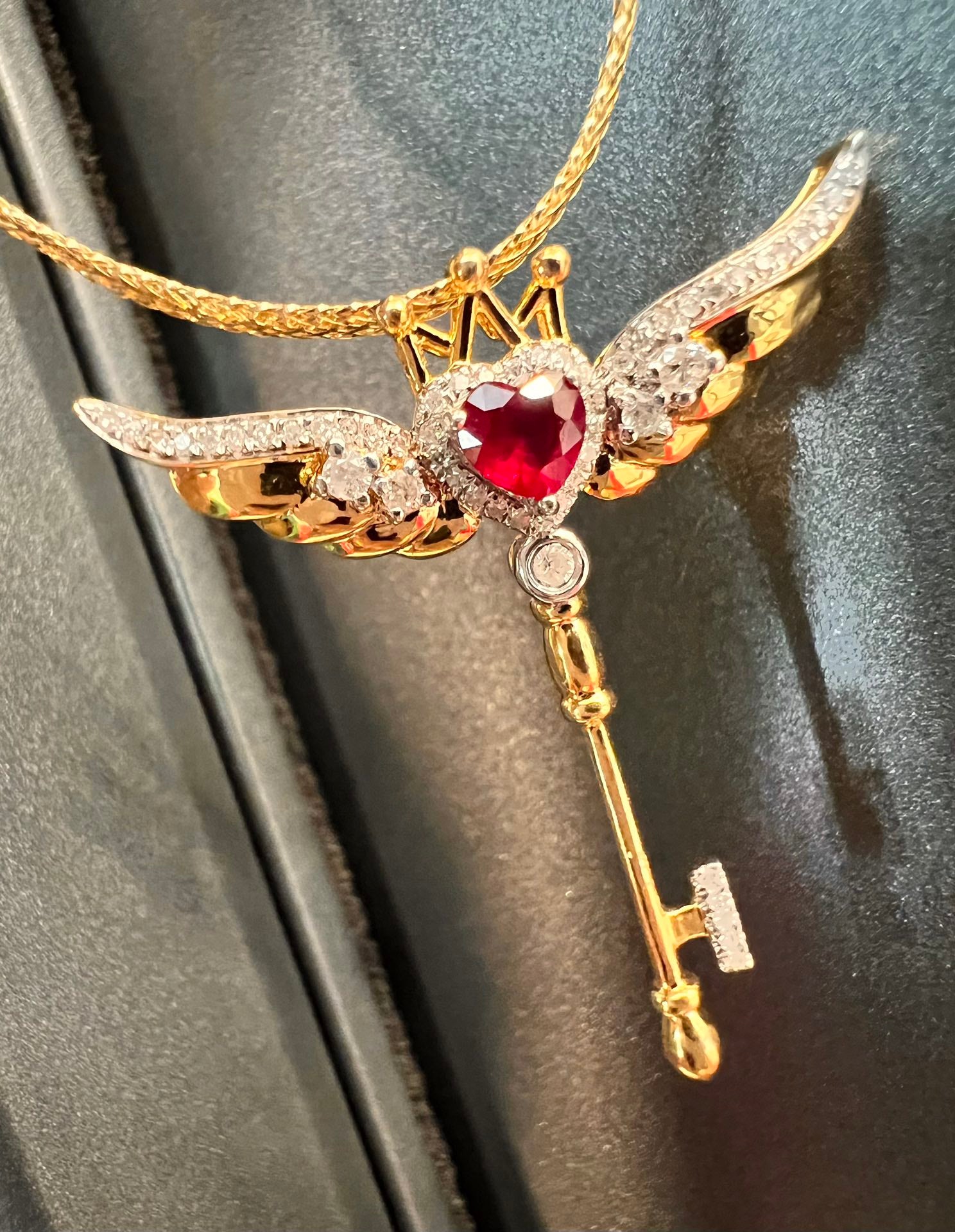 Natural Ruby Pendant with Diamonds, Unique Key Design, Bridal Necklace, Anniversary Necklace, Gift for Her