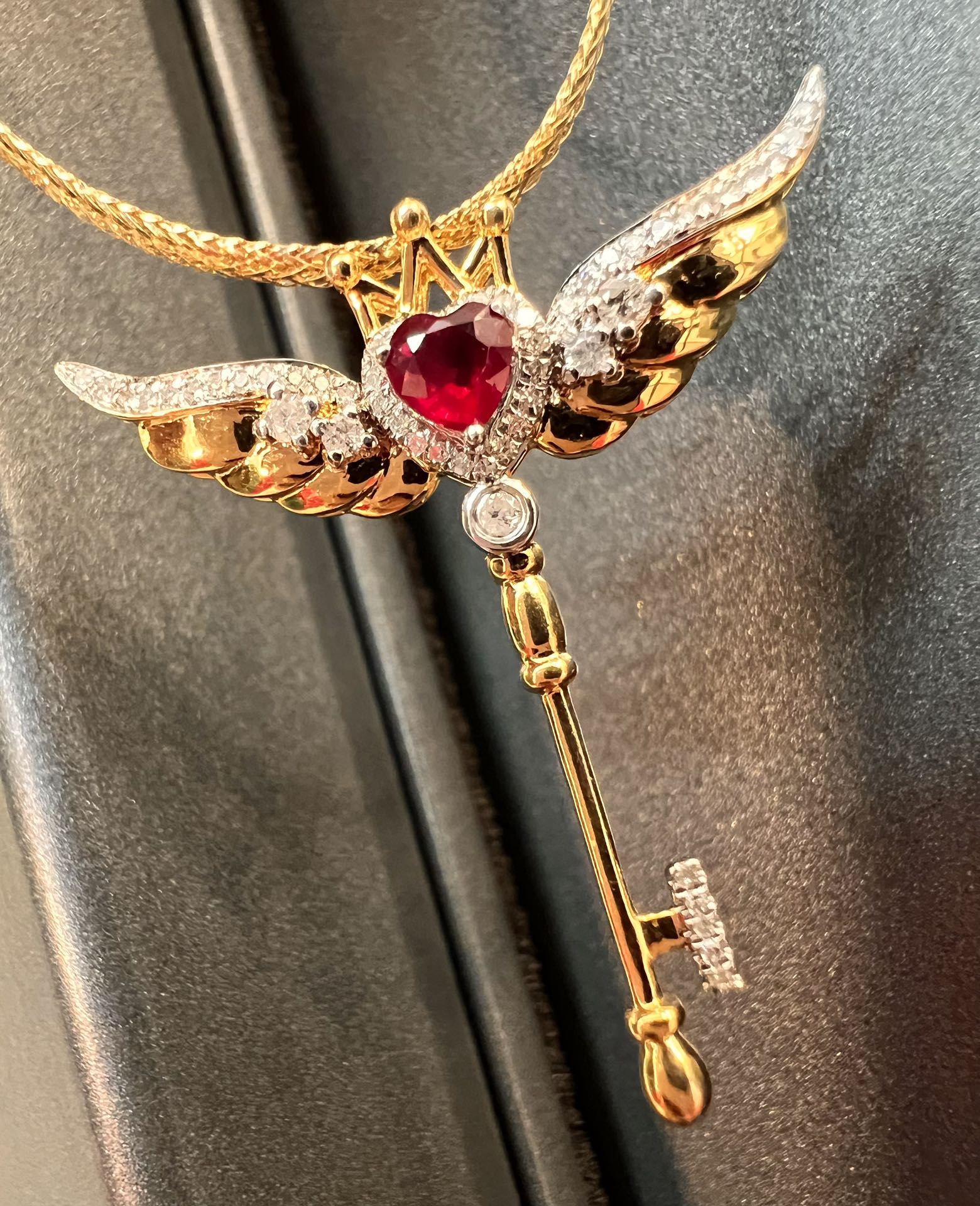 Natural Ruby Pendant with Diamonds, Unique Key Design, Bridal Necklace, Anniversary Necklace, Gift for Her