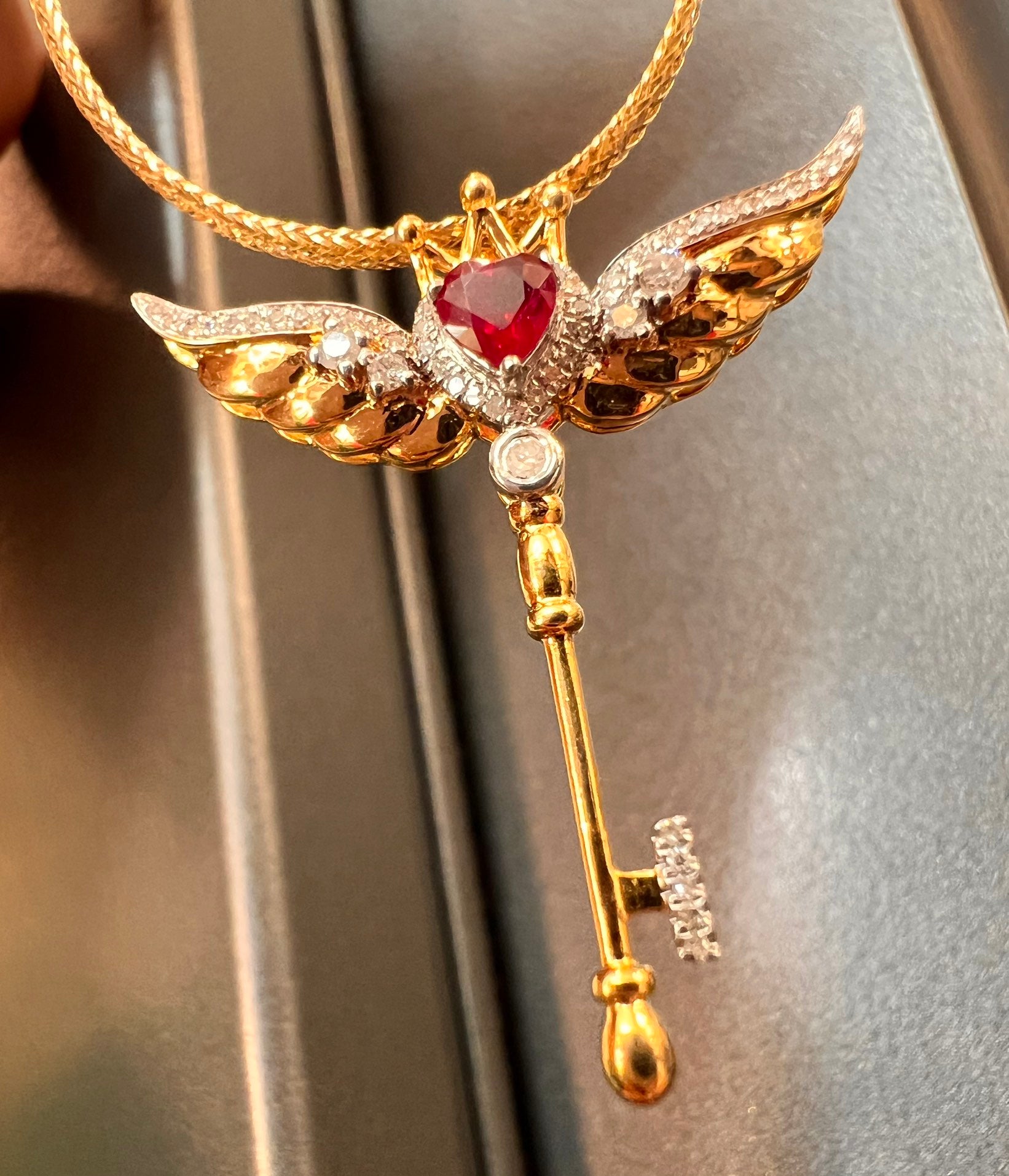 Natural Ruby Pendant with Diamonds, Unique Key Design, Bridal Necklace, Anniversary Necklace, Gift for Her