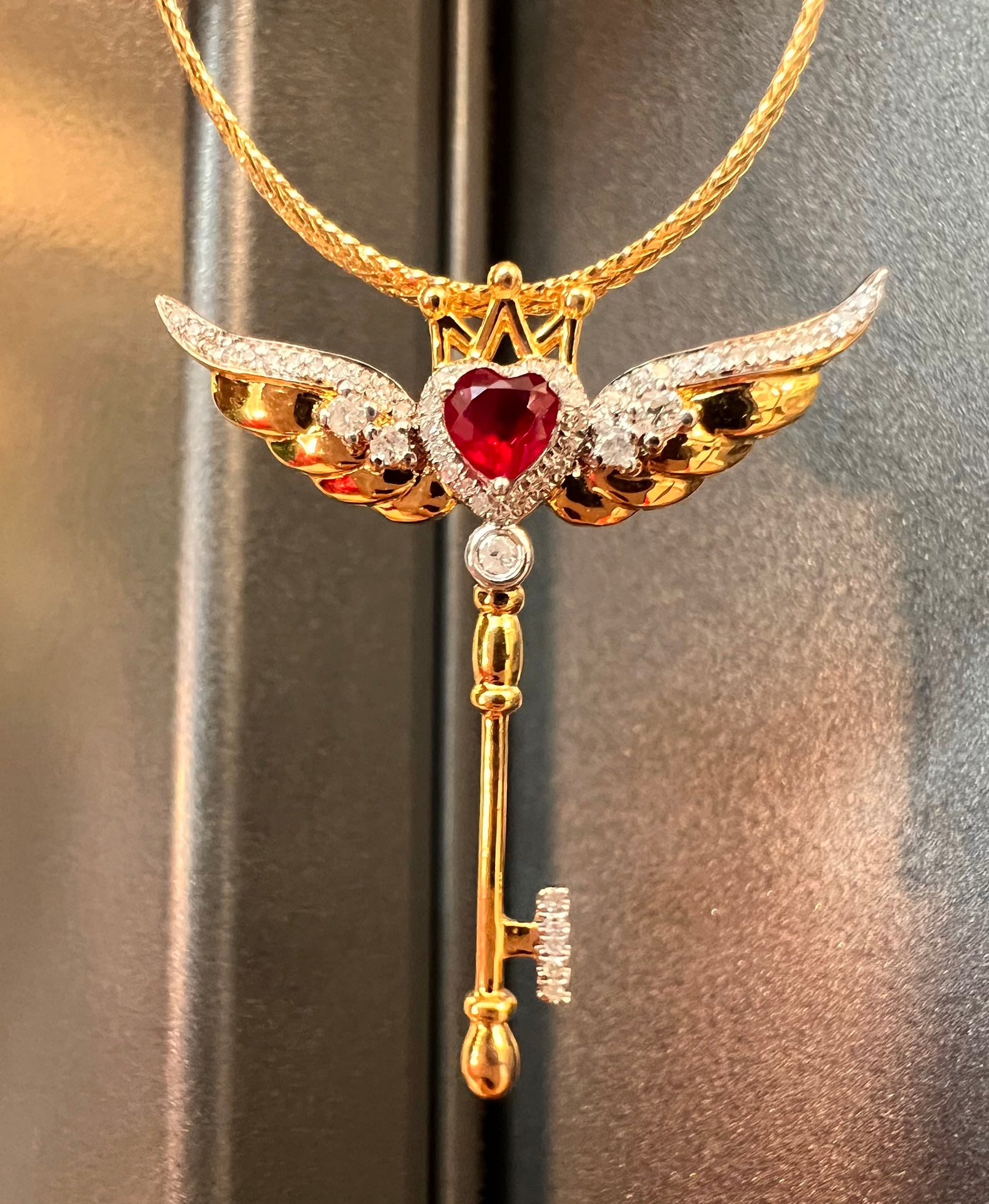 Natural Ruby Pendant with Diamonds, Unique Key Design, Bridal Necklace, Anniversary Necklace, Gift for Her