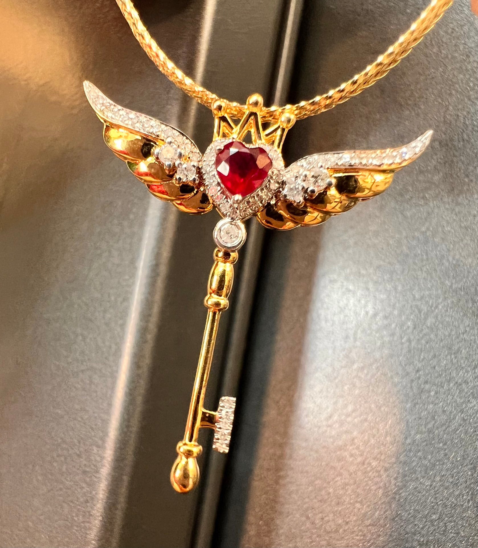 Natural Ruby Pendant with Diamonds, Unique Key Design, Bridal Necklace, Anniversary Necklace, Gift for Her