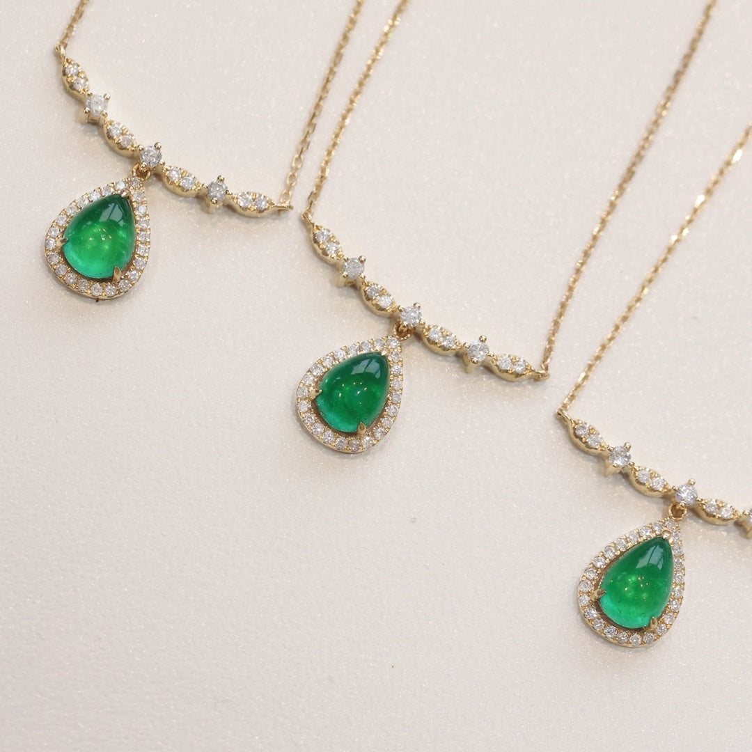 Natural Emerald Necklace with Diamonds, Unique Design, Gift for her