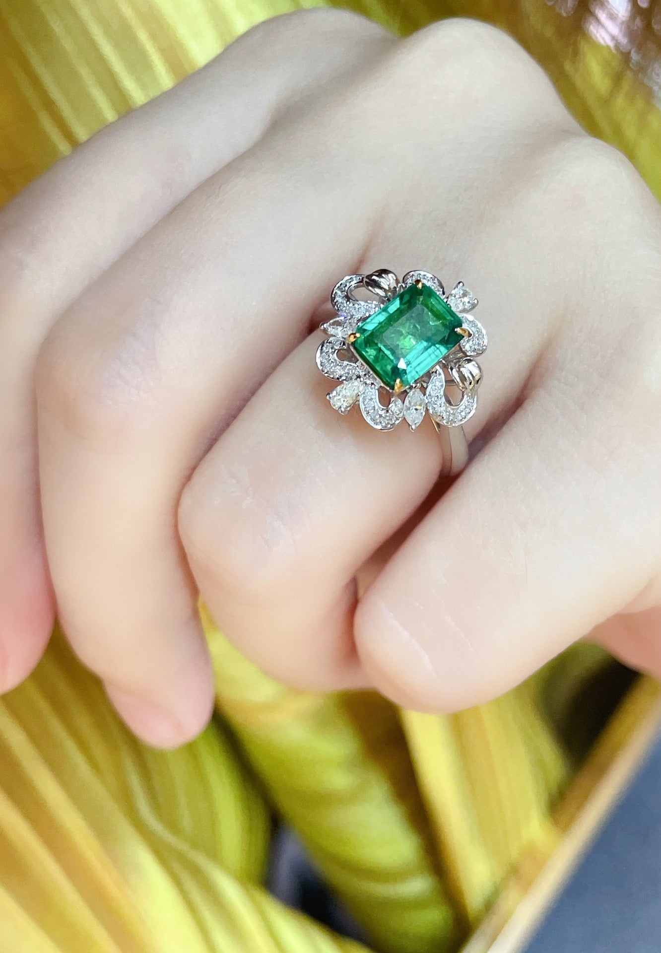 Natural Emerald Statement Ring with Diamonds, Unique Victorian Design, Bridal Ring, Anniversary Ring, Gift for Her