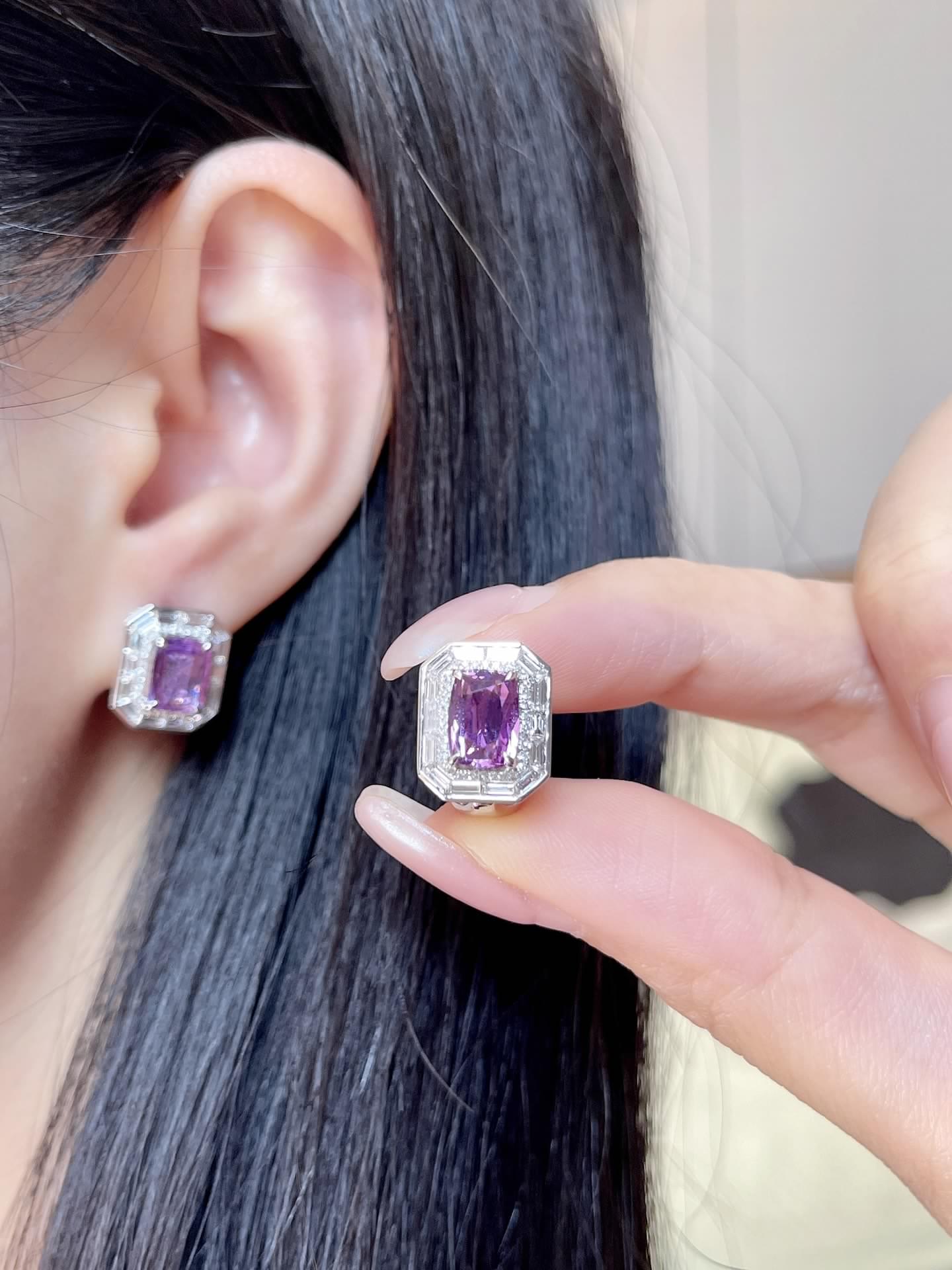 Luxury Natural Purple Sapphire Stud Earring, Unique Art Deco Design, 18K Diamond Stud Earring, Bridal Earring, Anniversary Earring, Gift for Her