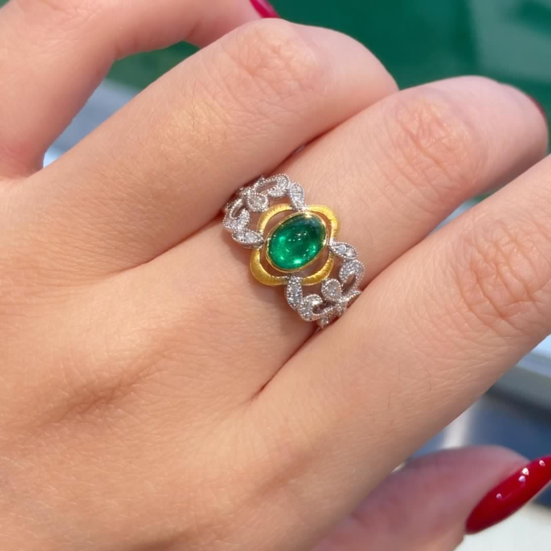 Natural Emerald Statement Ring with Diamonds, Unique Vintage Design, Bridal Ring, Anniversary Ring, Gift for Her