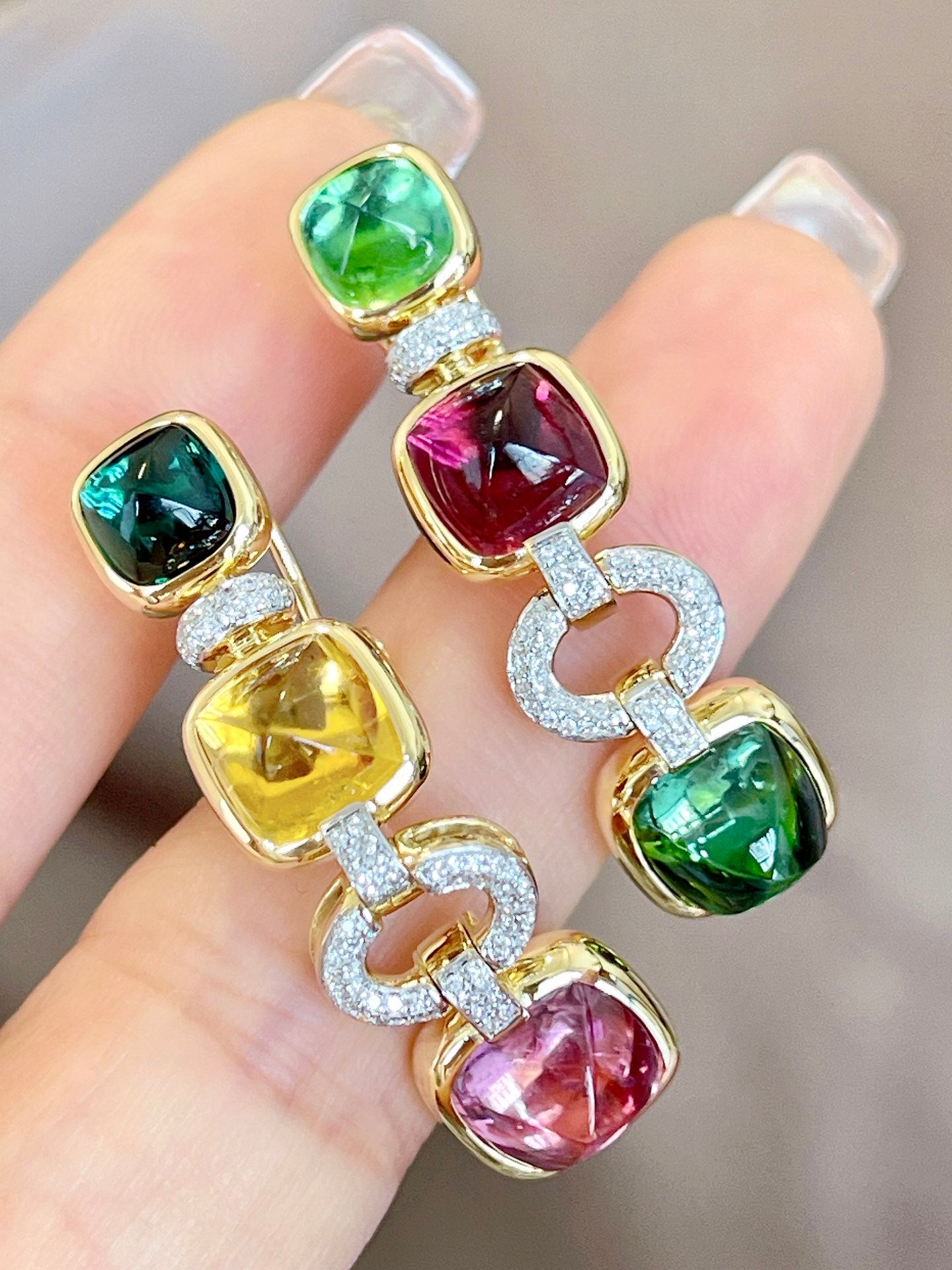 Luxury Tourmaline Stud Earring, Unique Art Deco Design, 18K Diamond Stud Earring, Bridal Earring