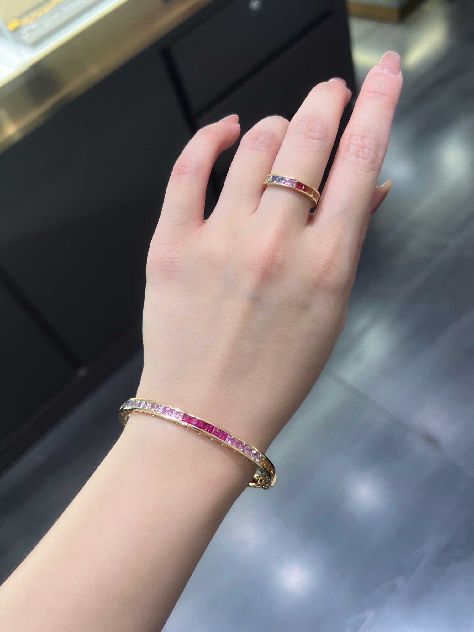 Luxur Natural Colored Sapphire Bangle, Classic Design, 18K Natural Diamond Bracelet, Wedding Bracelet, Anniversary Bracelet, Gift for you