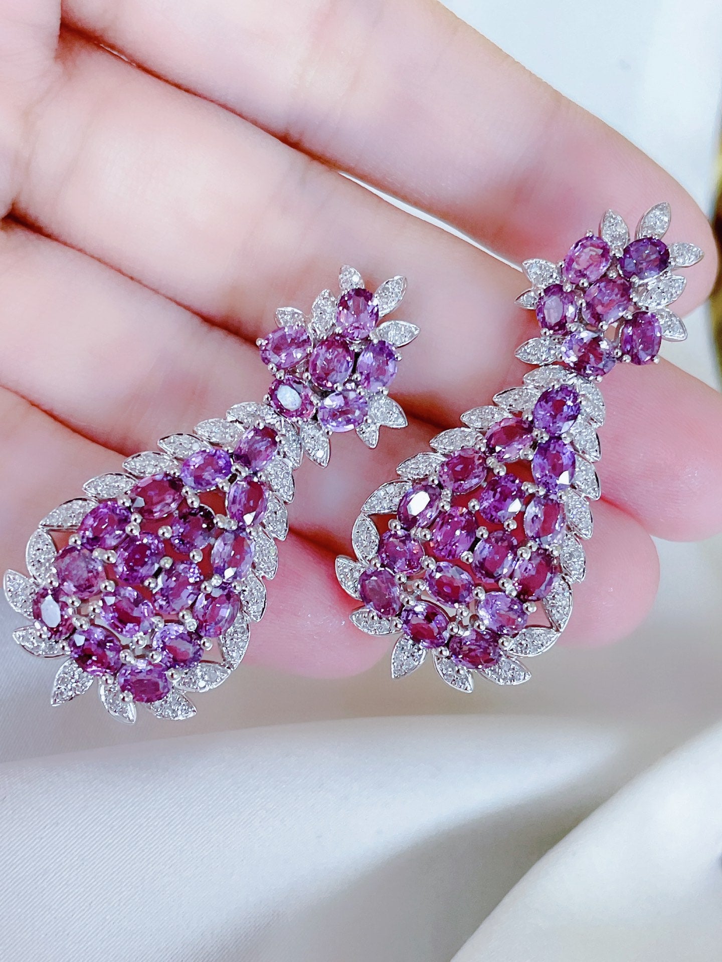 Luxury Natural Purple Sapphire Drop Earring, Unique Design, 18K Diamond Stud Earring, Bridal Earring, Anniversary Earring, Gift for Her