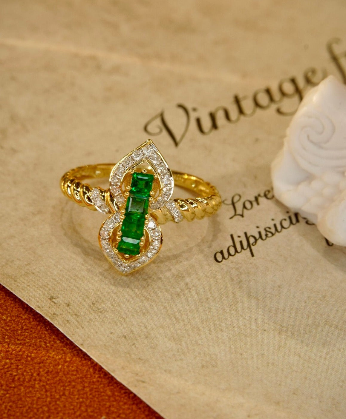 Natural Emerald Statement Ring with Diamonds, Unique Design, Bridal Ring, Anniversary Ring, Gift for Her