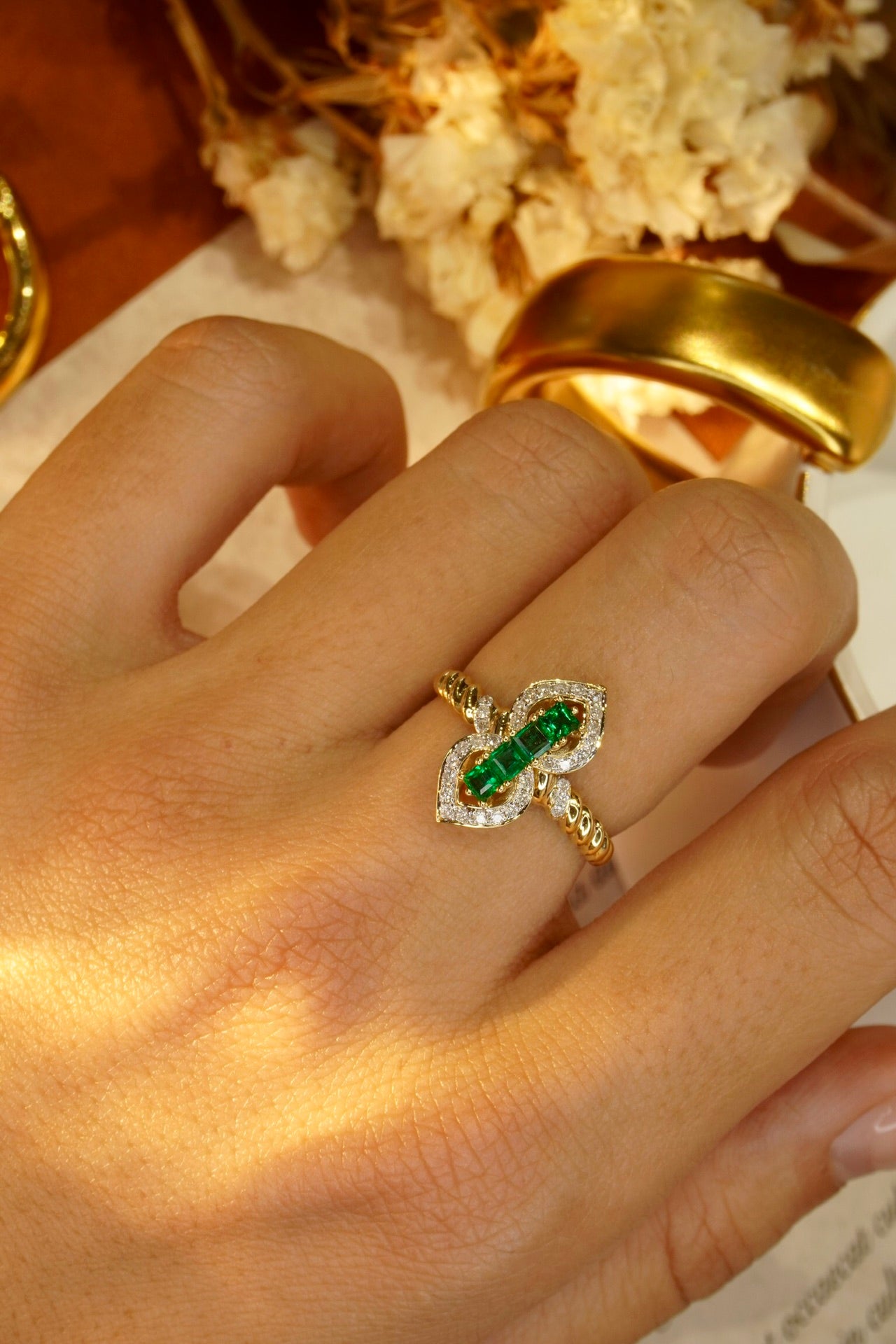 Natural Emerald Statement Ring with Diamonds, Unique Design, Bridal Ring, Anniversary Ring, Gift for Her