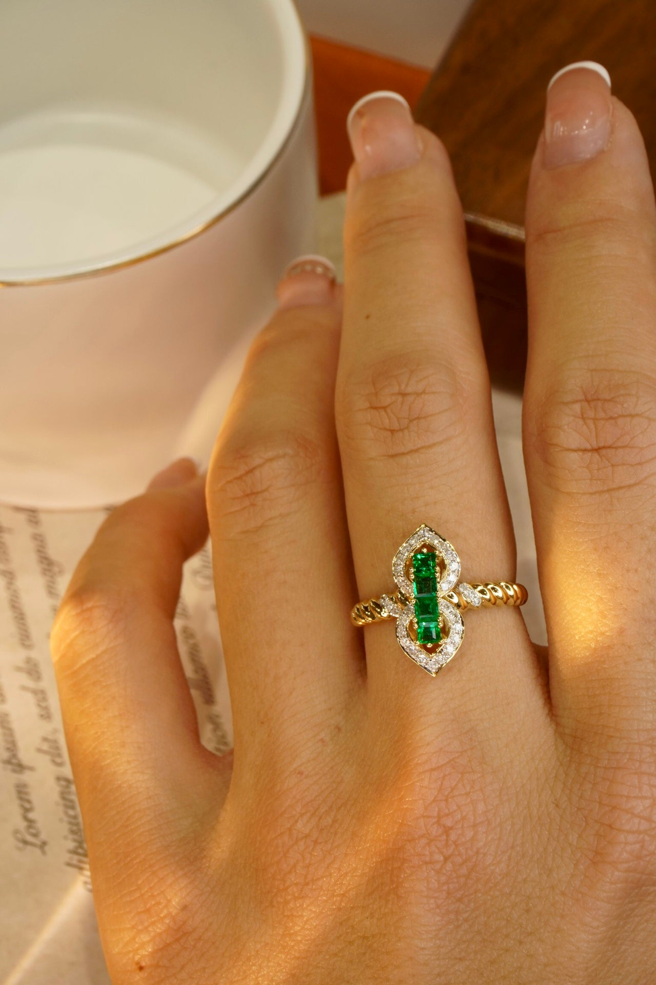 Natural Emerald Statement Ring with Diamonds, Unique Design, Bridal Ring, Anniversary Ring, Gift for Her