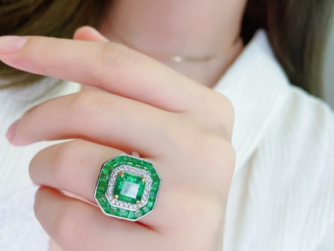 Luxury Natural Emerald Statement Ring with Diamonds, Unique Art Deco Design, Bridal Ring, Anniversary Ring, Gift for Her