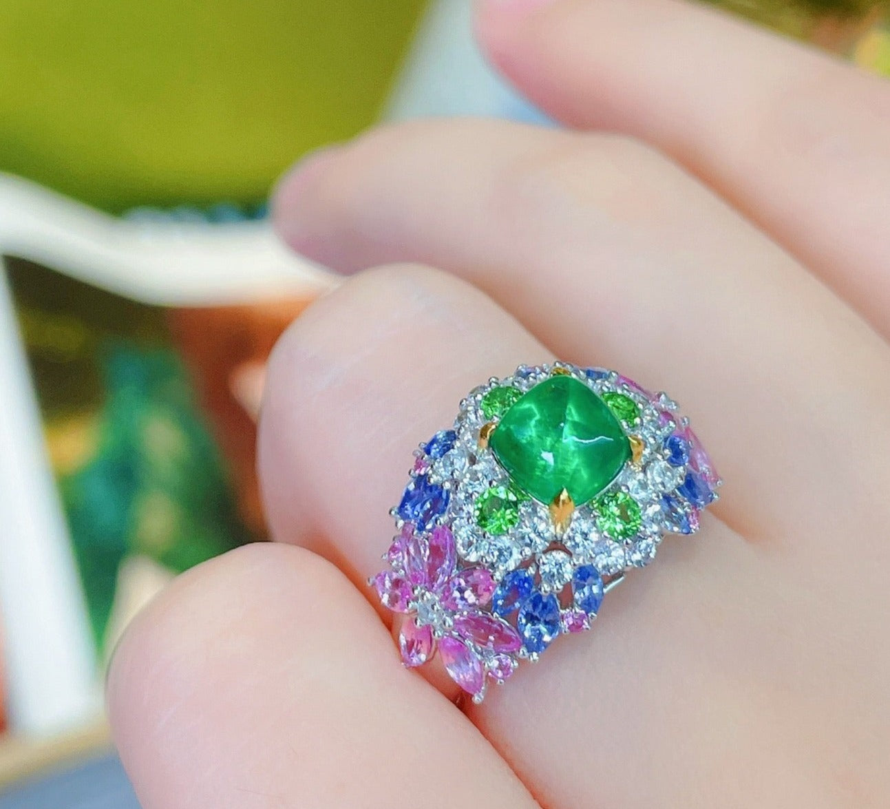 Natural Emerald Statement Ring, Unique Floral Design, Bridal Ring, Anniversary Ring, Gift for Her