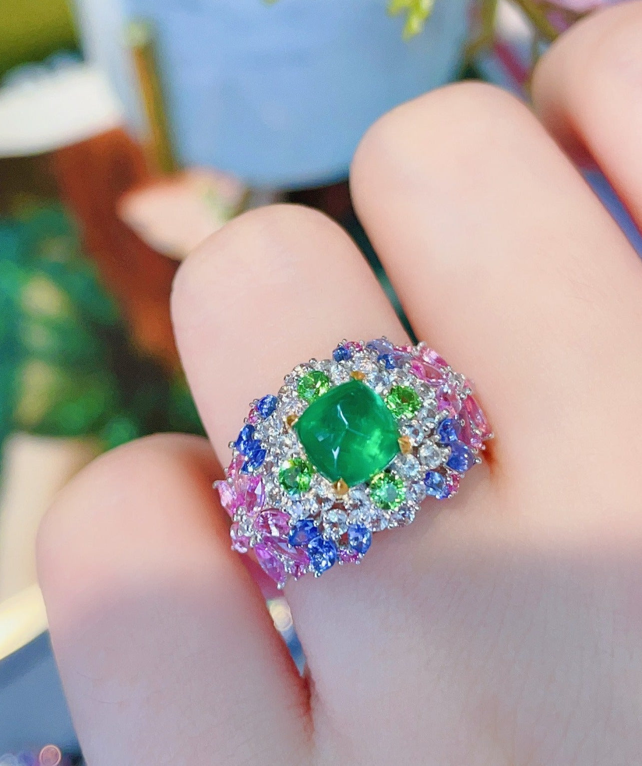 Natural Emerald Statement Ring, Unique Floral Design, Bridal Ring, Anniversary Ring, Gift for Her