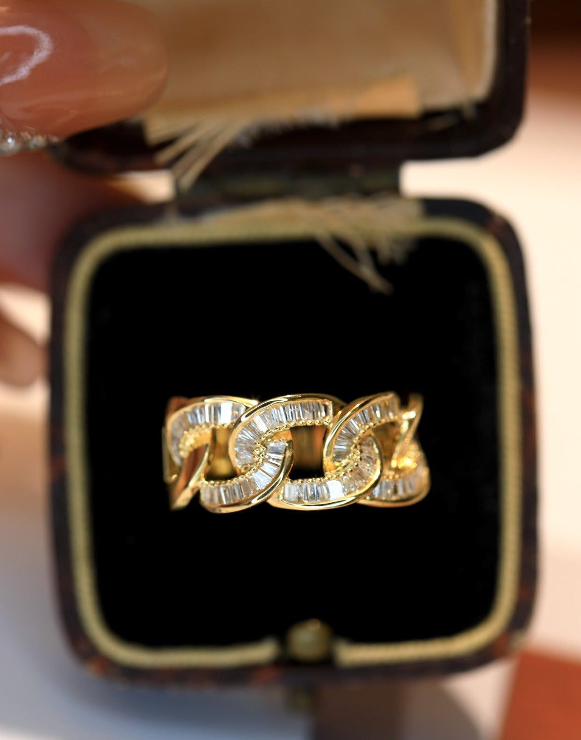 Natural Diamond Pave Ring, Unique Chain Design, Bridal Wedding, Anniversary Ring, Gift for Her