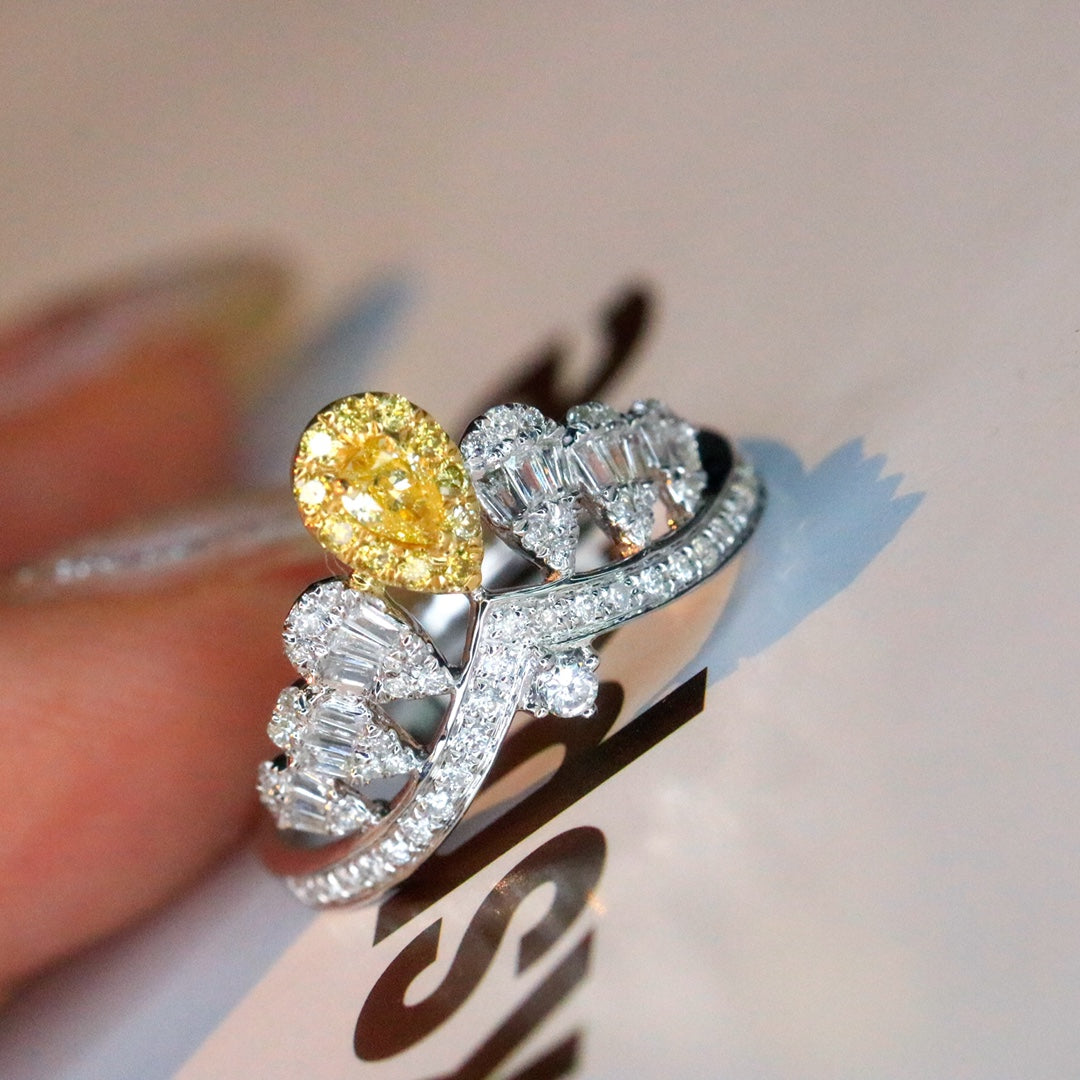 Natural Yellow Diamond Statement Ring, Classic Crown Design, Bridal Wedding, Anniversary Ring, Gift for Her