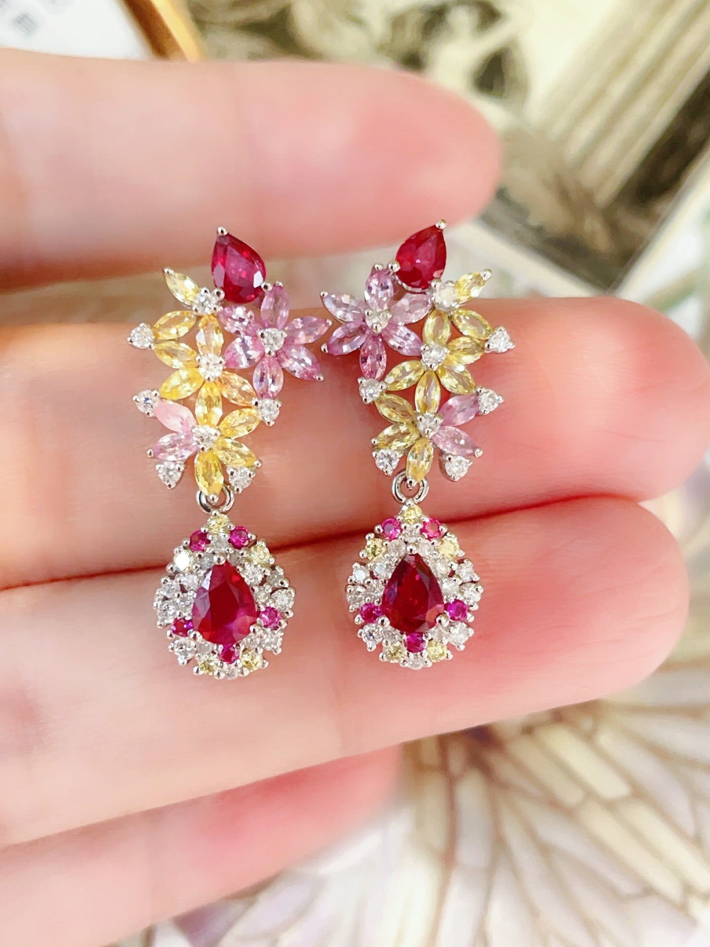 Natural Unheated Ruby Drop Earring with Diamonds, Unique Floral Deisgn, 18K Diamond Earring, 18K Gold Daily Earrings, Bridal Earring, Anniversary Earring, Gift for Her