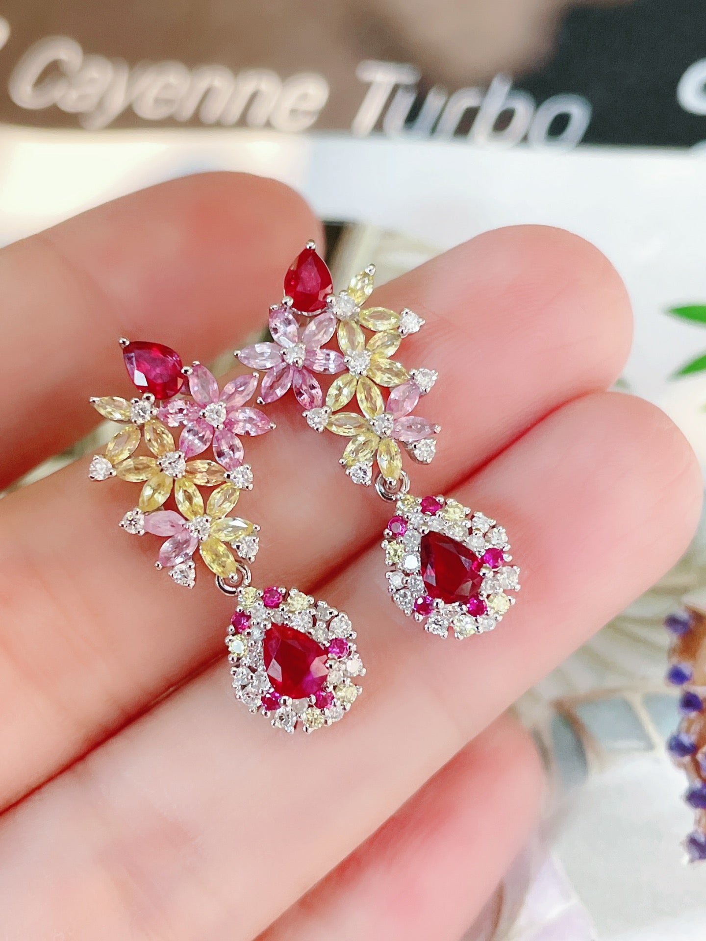 Natural Unheated Ruby Drop Earring with Diamonds, Unique Floral Deisgn, 18K Diamond Earring, 18K Gold Daily Earrings, Bridal Earring, Anniversary Earring, Gift for Her