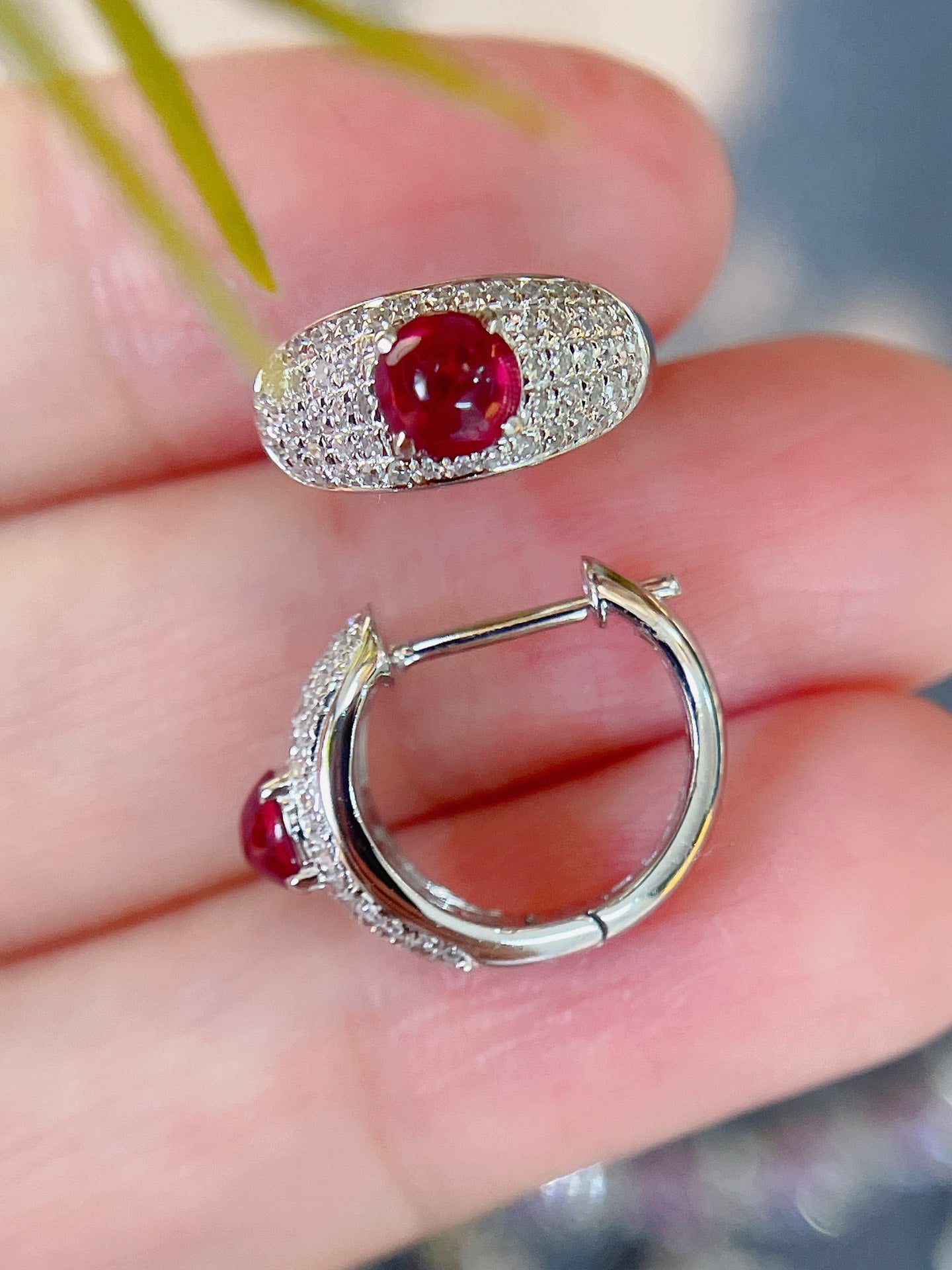 Natural Ruby Hoop Earring with Diamonds, Unique Art Deco Deisgn, 18K Diamond Earring, 18K Gold Daily Earrings, Bridal Earring, Anniversary Earring, Gift for Her