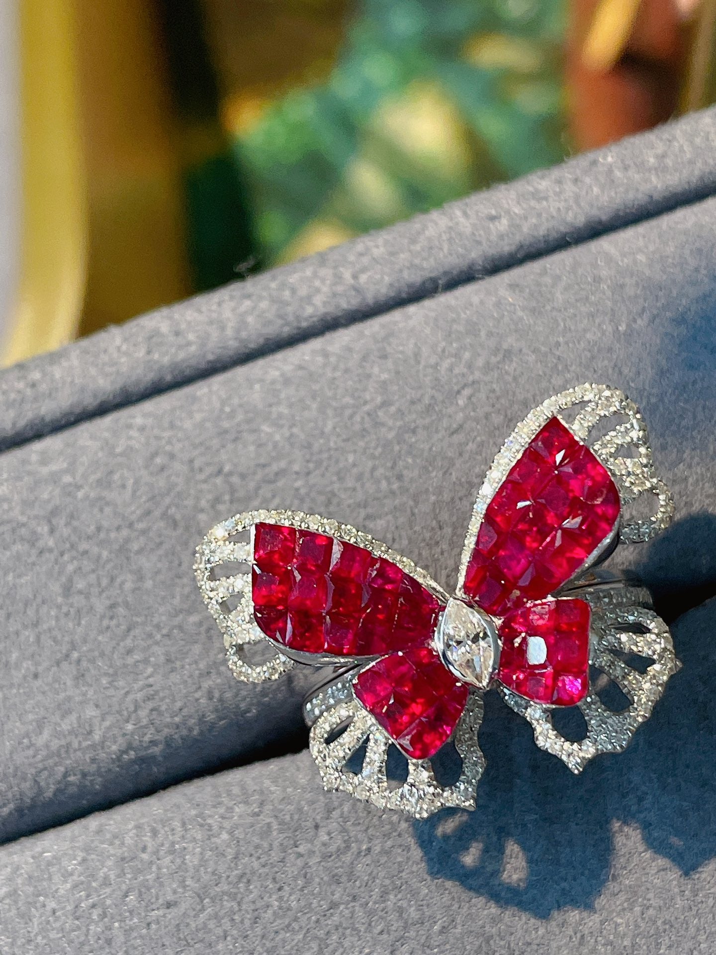 Natural Ruby Statement Ring with Diamonds, Unique Butterfly Design, Bridal Wedding, Anniversary Ring, Gift for Her