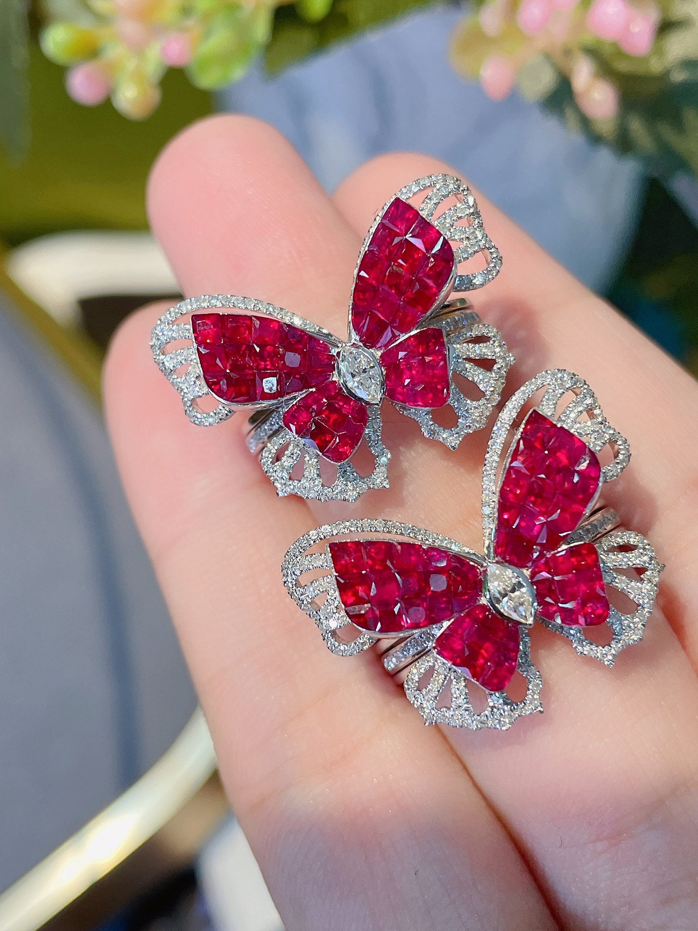 Natural Ruby Statement Ring with Diamonds, Unique Butterfly Design, Bridal Wedding, Anniversary Ring, Gift for Her