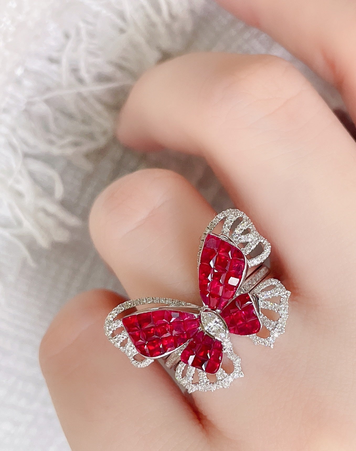 Natural Ruby Statement Ring with Diamonds, Unique Butterfly Design, Bridal Wedding, Anniversary Ring, Gift for Her