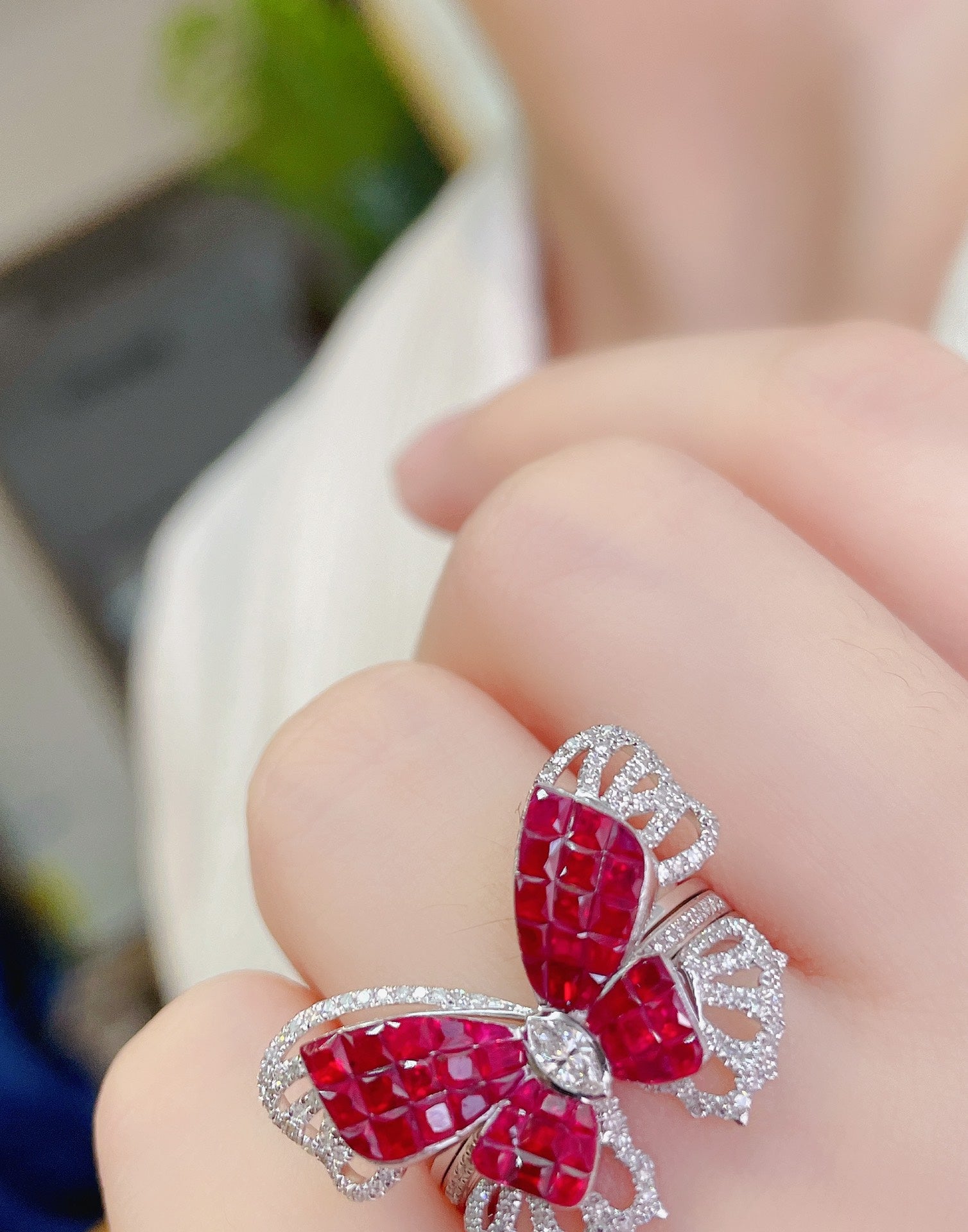 Natural Ruby Statement Ring with Diamonds, Unique Butterfly Design, Bridal Wedding, Anniversary Ring, Gift for Her