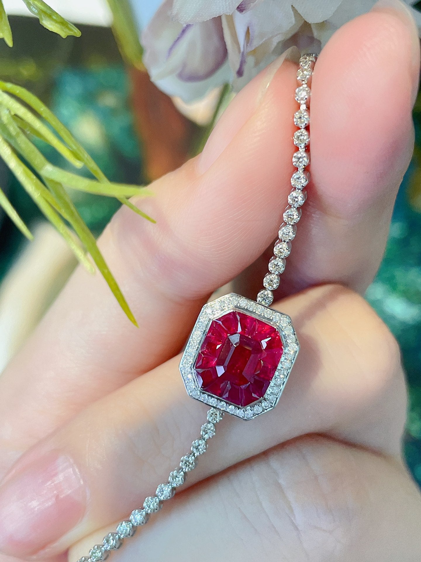 Natural Ruby Bracelet with Diamonds, Unique Design, 18K Natural Diamond Bracelet, Wedding Bracelet, Anniversary Bracelet, Gift for you