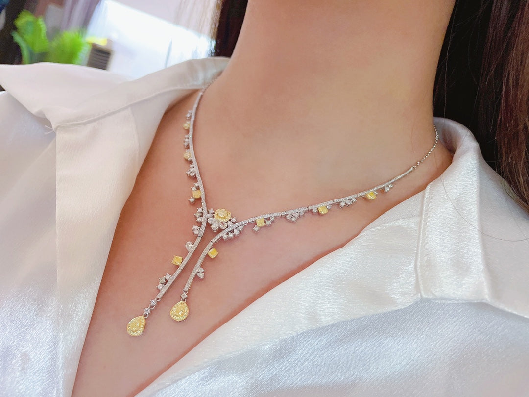 Natural Yellow Diamond Necklace Elegant Style 18K Gold Bridal Wedding Necklace Anniversary Gift Chirstmas Gift