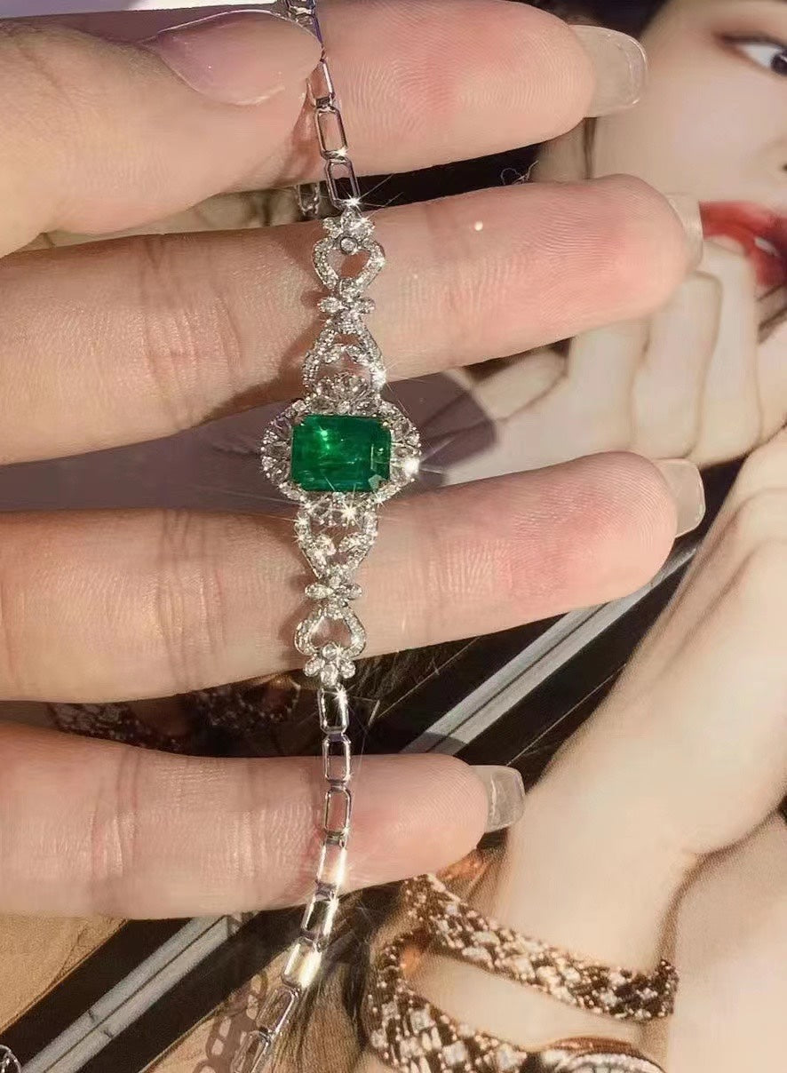 Luxury Natural Emerald Bracelet with Diamonds, Classic Design, 18K Natural Diamond Bracelet, Wedding Bracelet, Anniversary Bracelet, Gift for you