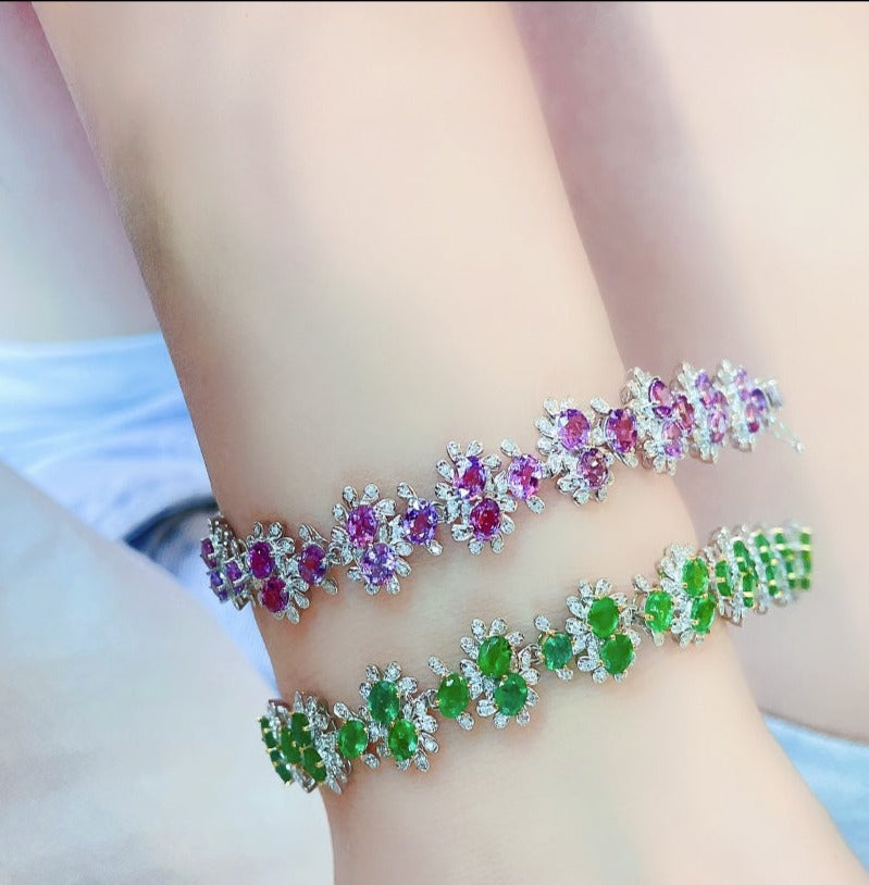Luxury Natural Emerald Bracelet with Diamonds, Floral Design, 18K Natural Diamond Bracelet, Wedding Bracelet, Anniversary Bracelet, Gift for you