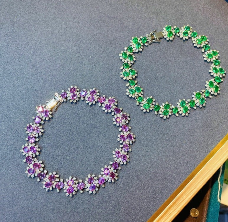 Luxury Natural Emerald Bracelet with Diamonds, Floral Design, 18K Natural Diamond Bracelet, Wedding Bracelet, Anniversary Bracelet, Gift for you