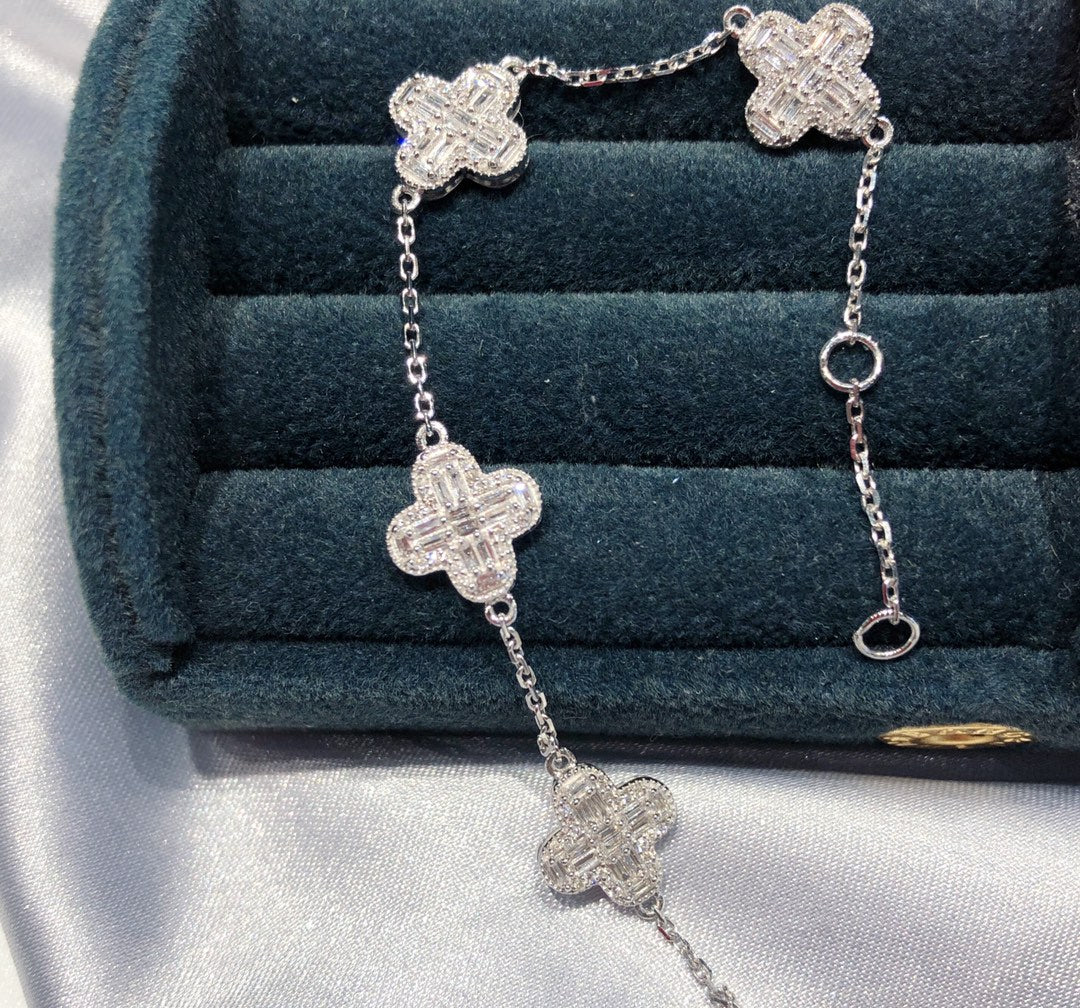 Natural Diamond Bracelet, Classic Four Leaf Design, 18K Natural Diamond Bracelet, Wedding Bracelet, Anniversary Bracelet, Gift for you