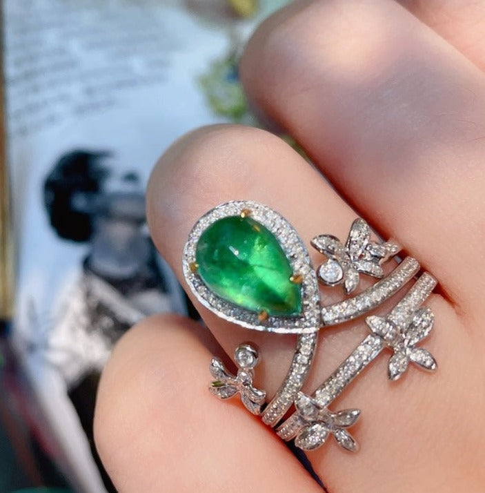 Luxury Natural Emerald Statement Ring, Unique Floral Design, Bridal Ring, Anniversary Ring, Gift for Her