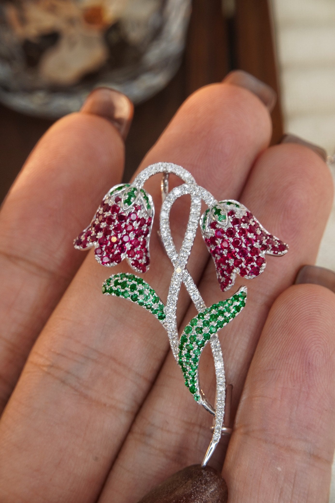 Natural Ruby Pendant and Brooch with Diamonds, Unique Floral Design, Bridal Necklace, Anniversary Necklace, Gift for Her