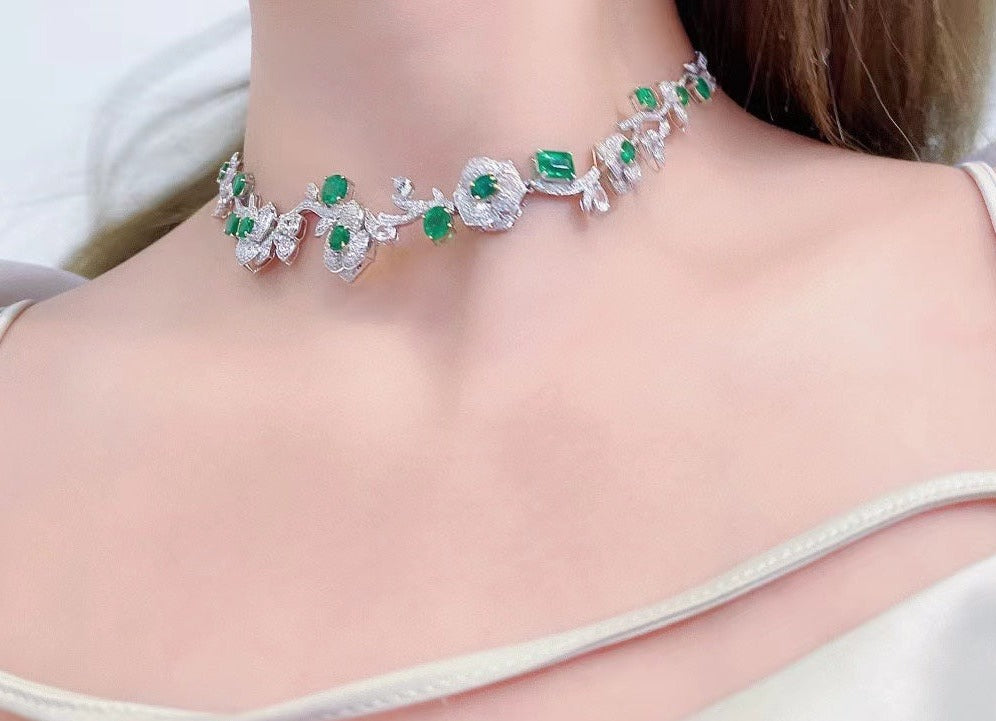 Luxury Natural Emerald Necklace, Unique Floral Design, Wedding Necklace, Anniversary Necklace, Gift for her