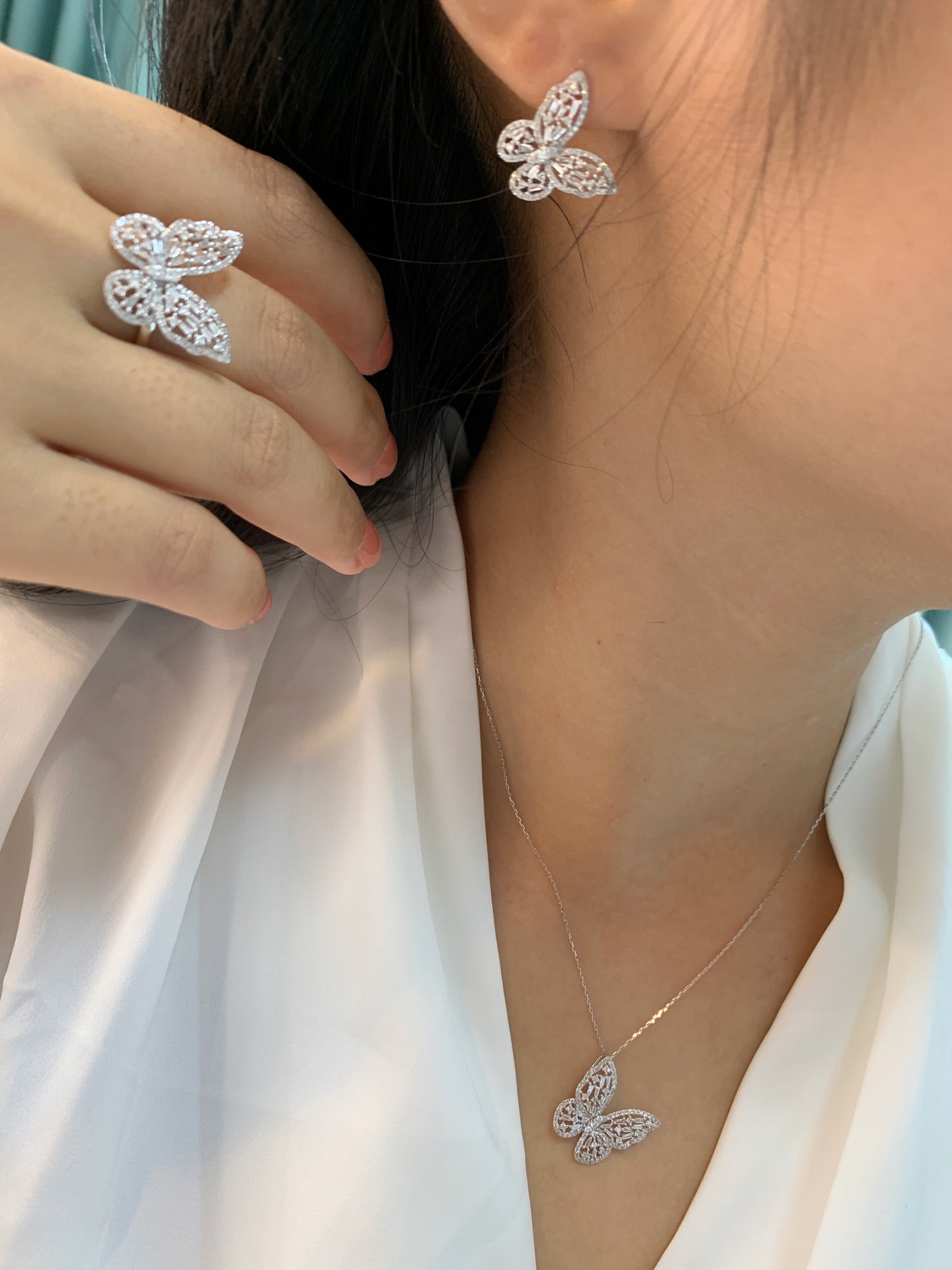 Natural Butterfly Diamond Jewelry Set, Diamond Ring, Necklace, Earrings, Classic Design, Bridal Wedding, Anniversary Ring, Gift for Her