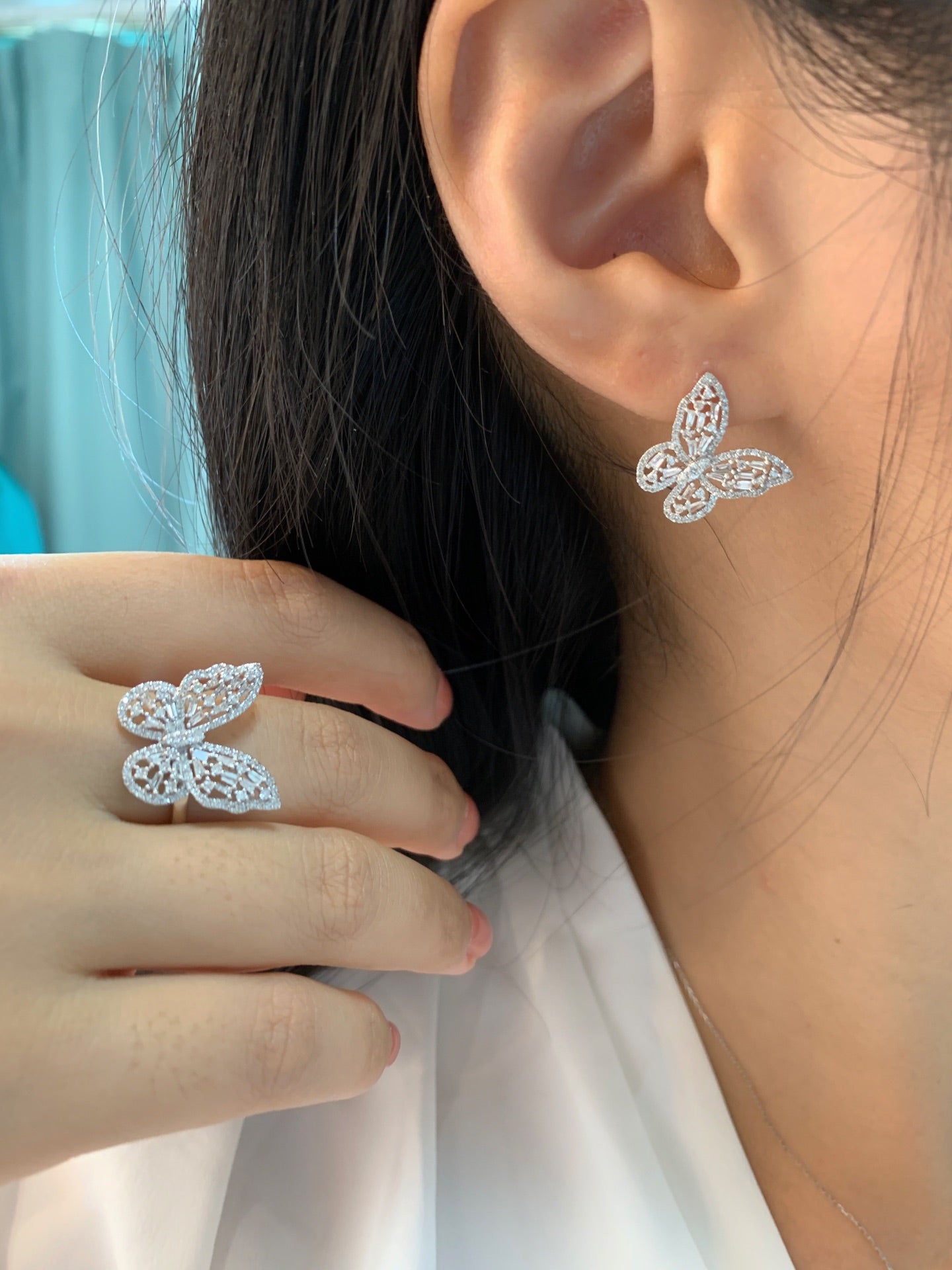 Natural Butterfly Diamond Jewelry Set, Diamond Ring, Necklace, Earrings, Classic Design, Bridal Wedding, Anniversary Ring, Gift for Her