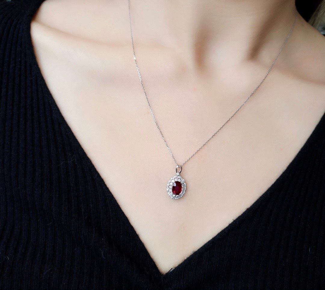 Natural Ruby Pendant with Diamonds, Classic Design, Bridal Necklace, Anniversary Necklace, Gift for Her