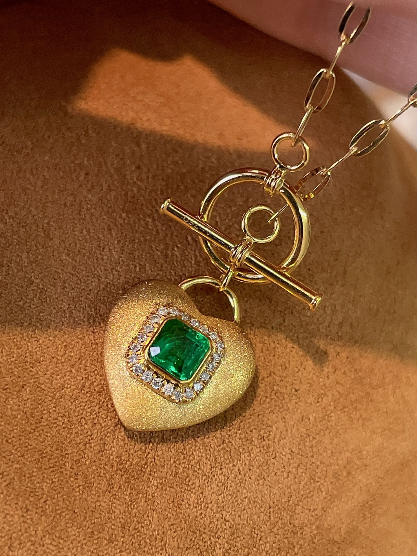 Natural Emerald Necklace with Diamonds, Unique Heart Design, Gift for her