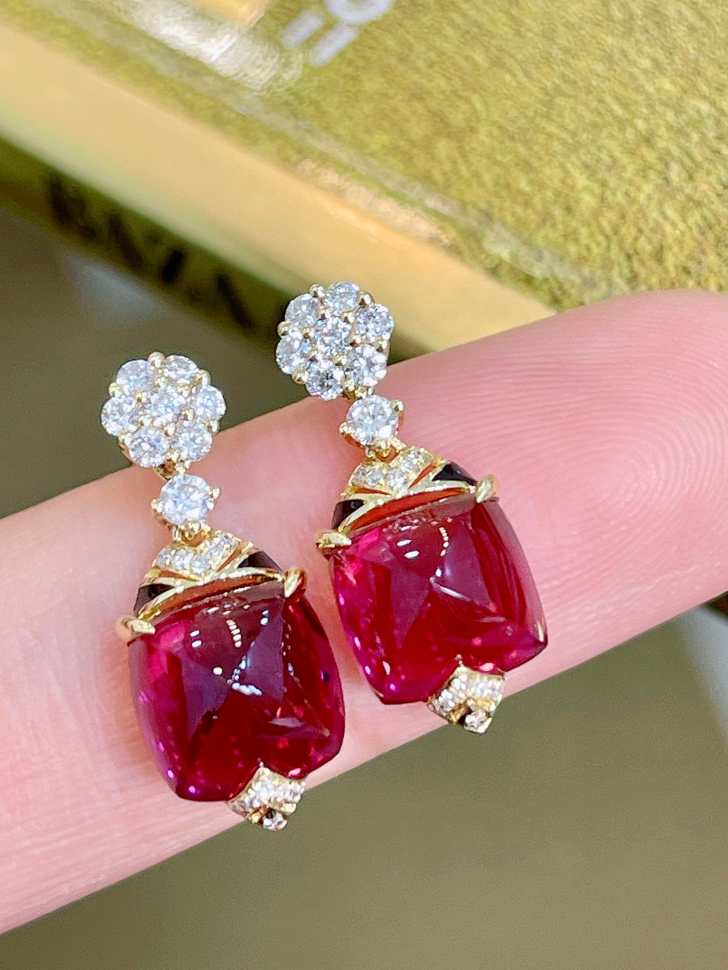 Luxury Rubellite Tourmaline Drop Earring, Unique Art Deco Design, 18K Diamond Stud Earring, Bridal Earring, Anniversary Earring, Gift for Her