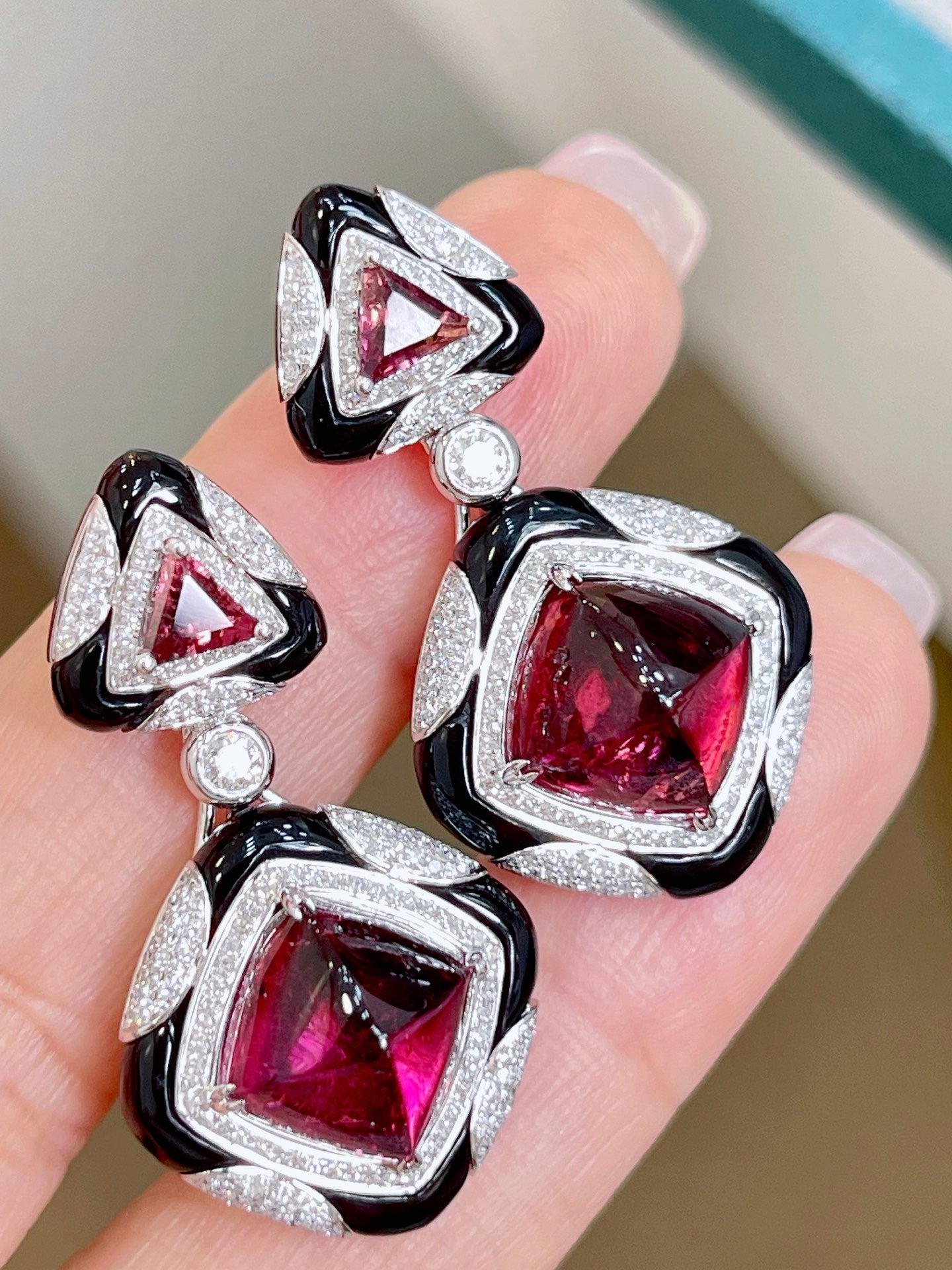 Luxury Rubellite Tourmaline Drop Earring, Unique Art Deco Design, 18K Diamond Stud Earring, Bridal Earring, Anniversary Earring, Gift for Her