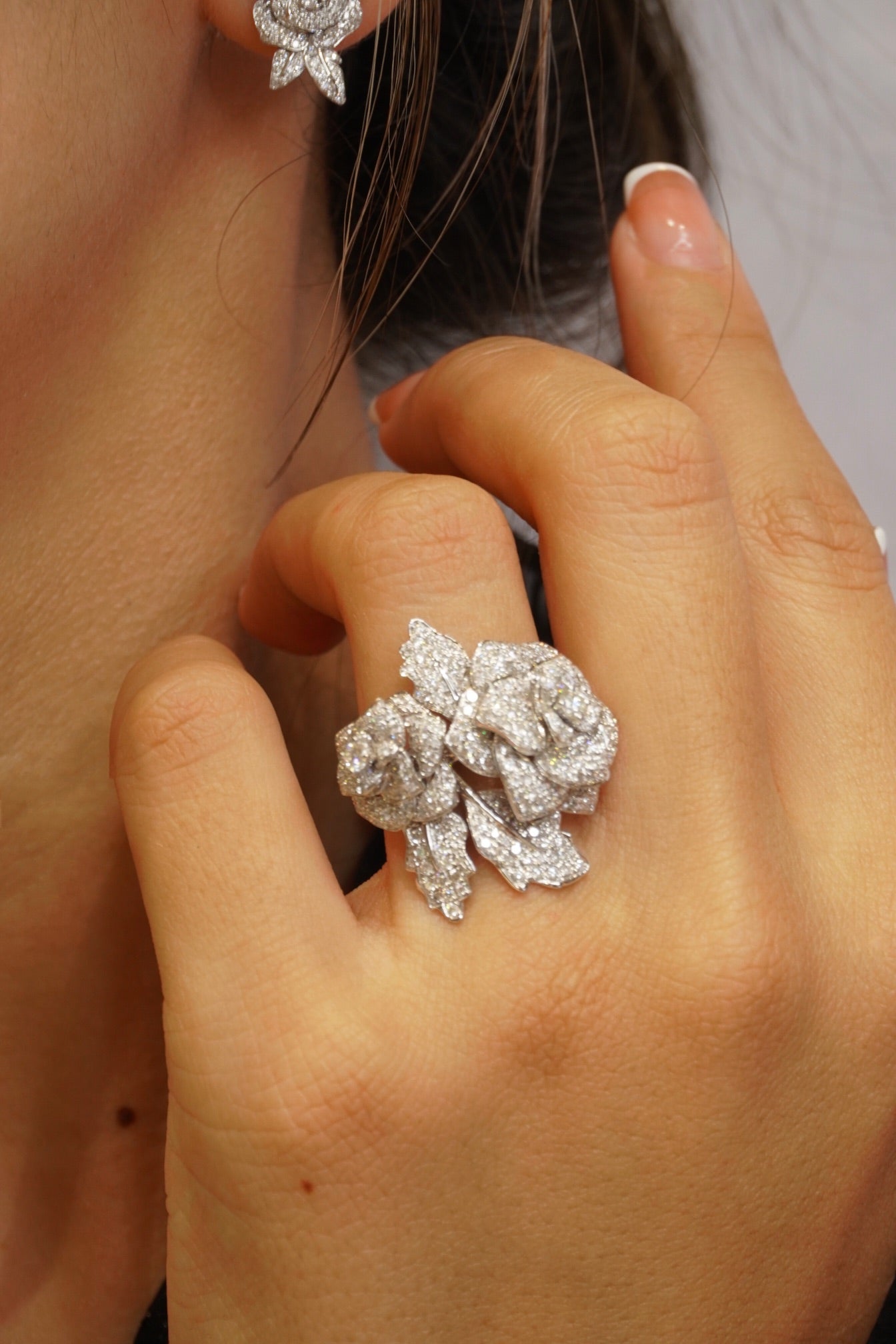 Luxury Natural Diamond Jewelry Set, Diamond Ring and Earrings, Elegant Floral Design, Bridal Wedding, Anniversary Ring, Gift for Her