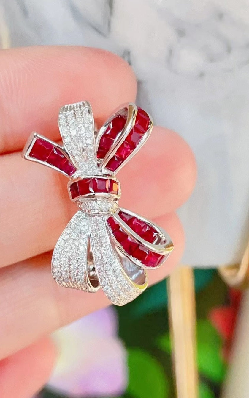 Natural Ruby Diamonds Ring, Unique Bow Tie Design, Bridal Wedding, Anniversary Ring, Gift for Her