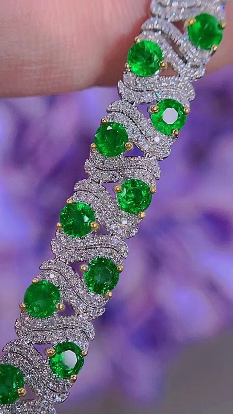 Luxury Natural Emerald Bracelet with Diamonds, Classic Art Deco Design, 18K Natural Diamond Bracelet, Wedding Bracelet, Anniversary Bracelet, Gift for you