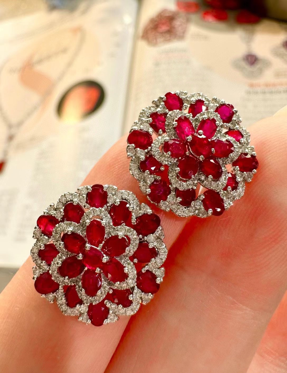 Luxury Natural Ruby Stud Earring with Diamonds, Unique Floral Deisgn, 18K Diamond Earring, 18K Gold Daily Earrings, Bridal Earring, Anniversary Earring, Gift for Her