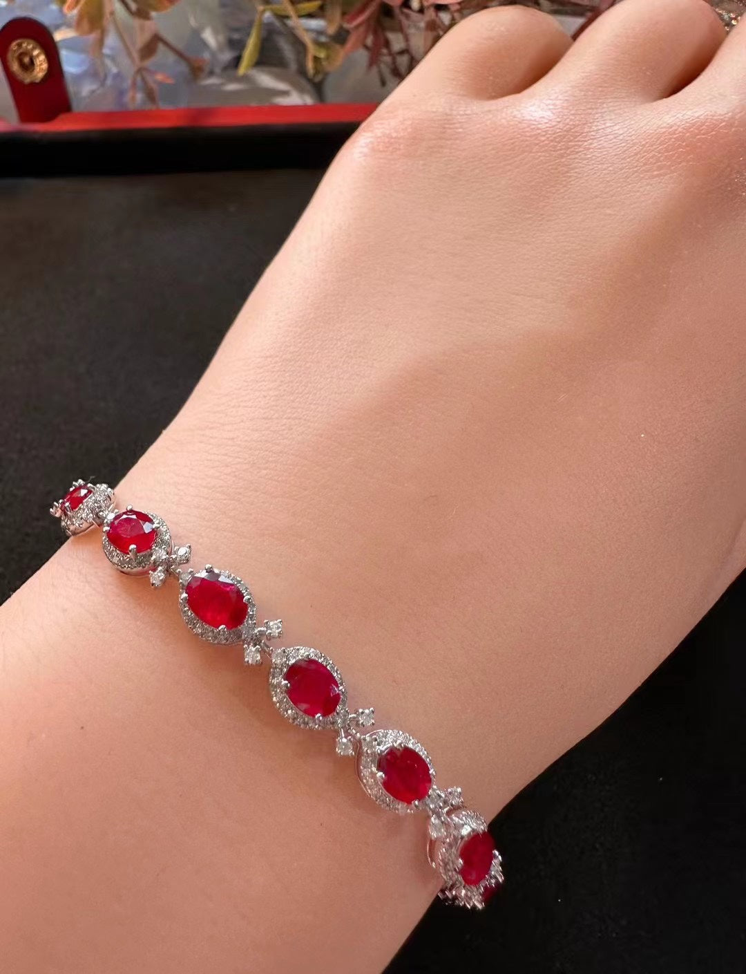 Luxury Natural Ruby Bracelet with Diamonds, Classic Design, 18K Natural Diamond Bracelet, Wedding Bracelet, Anniversary Bracelet, Gift for you