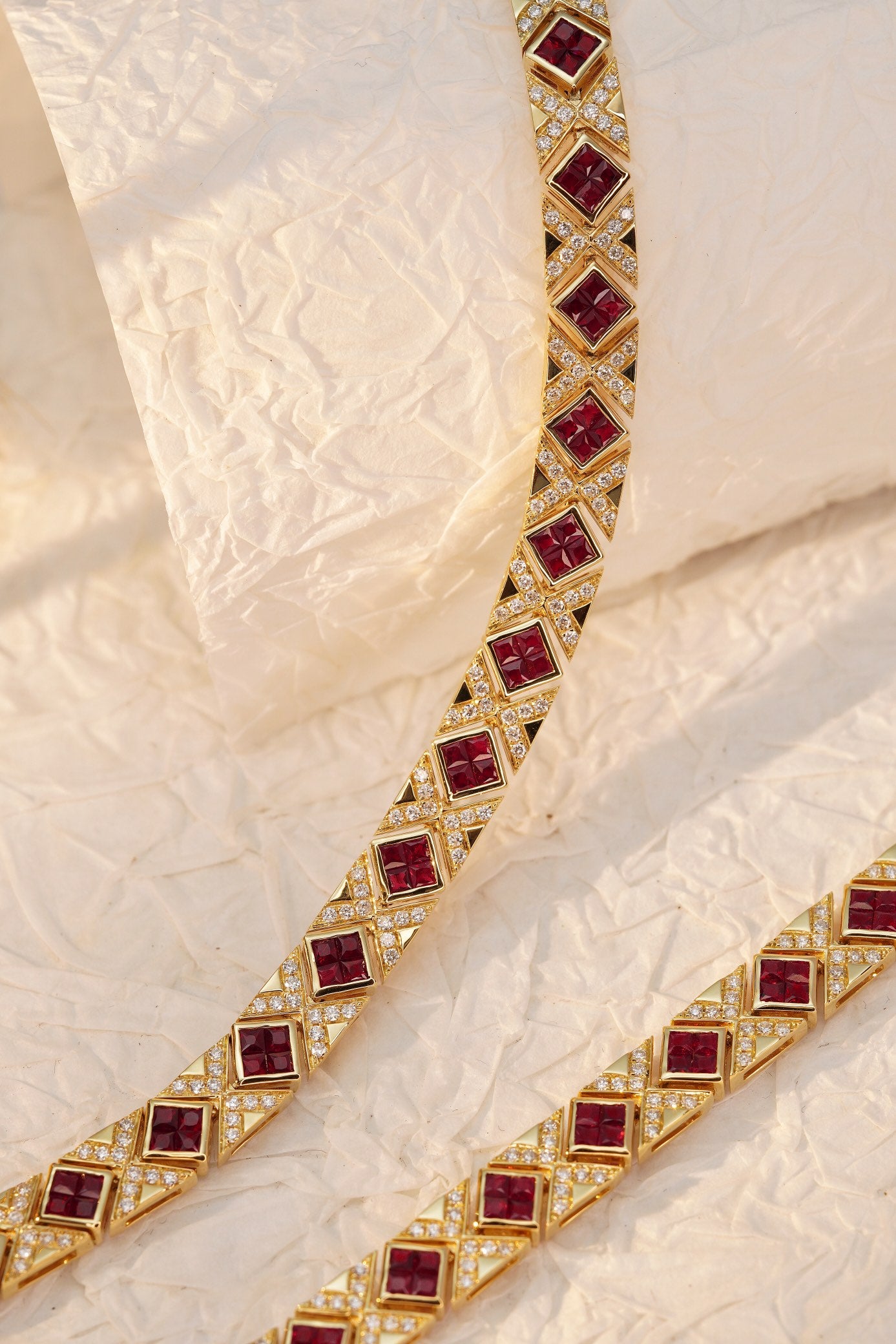 Luxury Natural Ruby Bracelet with Diamonds, Unique Art Deco Design, 18K Natural Diamond Bracelet