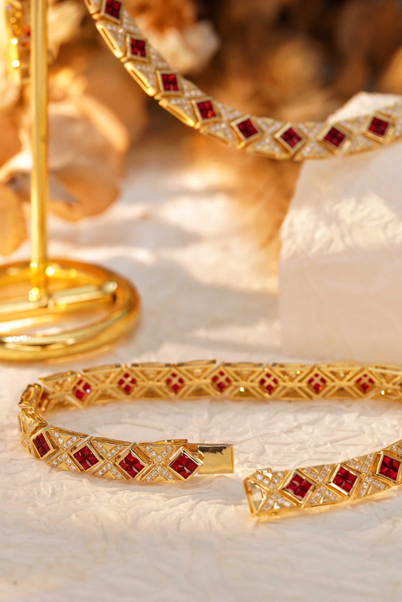 Luxury Natural Ruby Bracelet with Diamonds, Unique Art Deco Design, 18K Natural Diamond Bracelet